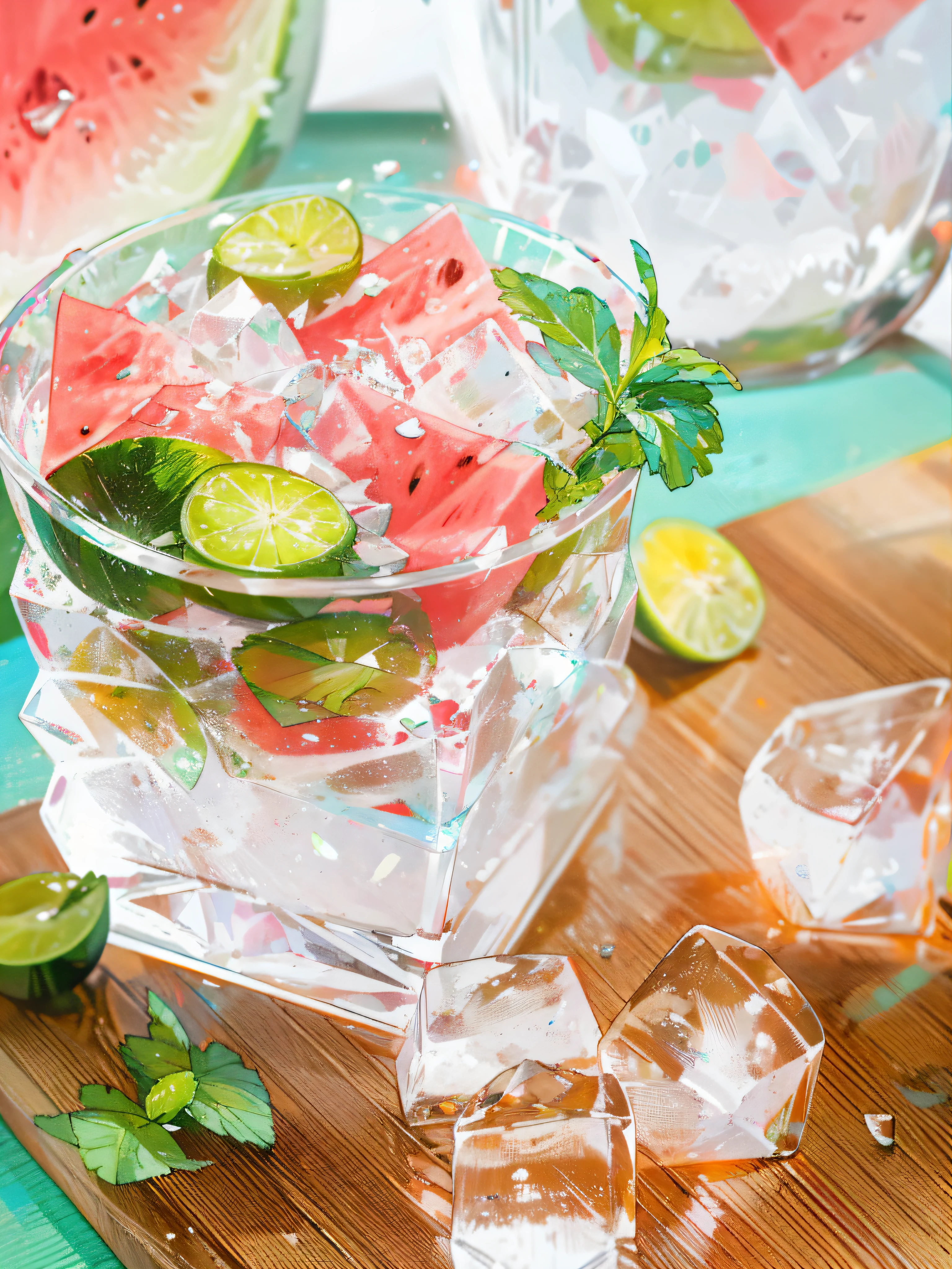 A glass of soda, frozen, frozen effect, on a wooden tray with pieces of watermelon, with mint leaves, cut small turquoise greens, with ice cubes, a few scattered ice cubes on a wooden board, super realistic Food pictures, full theme shown in photos,, Randy Post, hyper realistic ", hyper realistic", high res photo