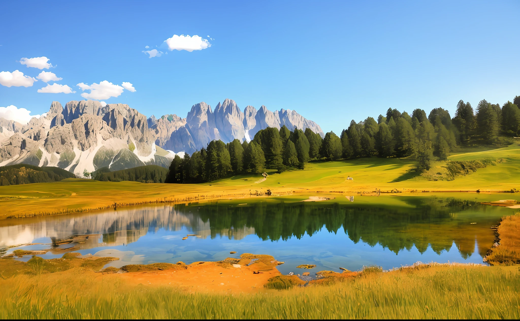 there is a lake in the middle of a grassy field with mountains in the background, majestic nature scenery, dolomites, landscape scenery, natural landscape beauty, nature scenery, beatiful mountain background, beautiful lake, mountain lake, very beautiful scenery, landscape - scenery, stunning landscape, mountains and lakes, beautiful lake background, nature landscape, epic beautiful landscape, beautiful landscape