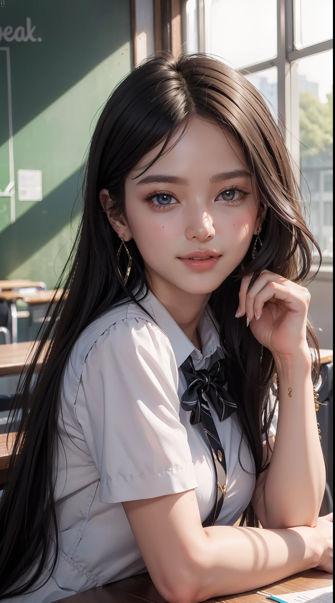 masterpiece, top quality, raw photo, photorealistic, big, face light, shiny skin, high resolution, super detail, detail, detailed eyes and face, sharp pupils, smile, sharp focus, shiny skin, schoolgirl, black hair, long hair, earrings, classroom