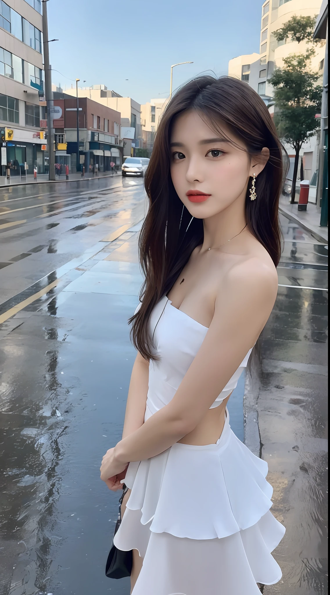 ((Best Quality, 8k, Masterpiece: 1.3)), Focus: 1.2, Perfect Body Beauty: 1.4, Buttocks: 1.2, ((Layered Haircut, Flat Chest: 1.2)), (Rain, Street:1.3), Bandeau Dress: 1.1, Highly Detailed Face and Skin Texture, Fine Eyes, Double Eyelids, Whitened Skin, Long Hair, (Shut Up: 1.3), Full Body