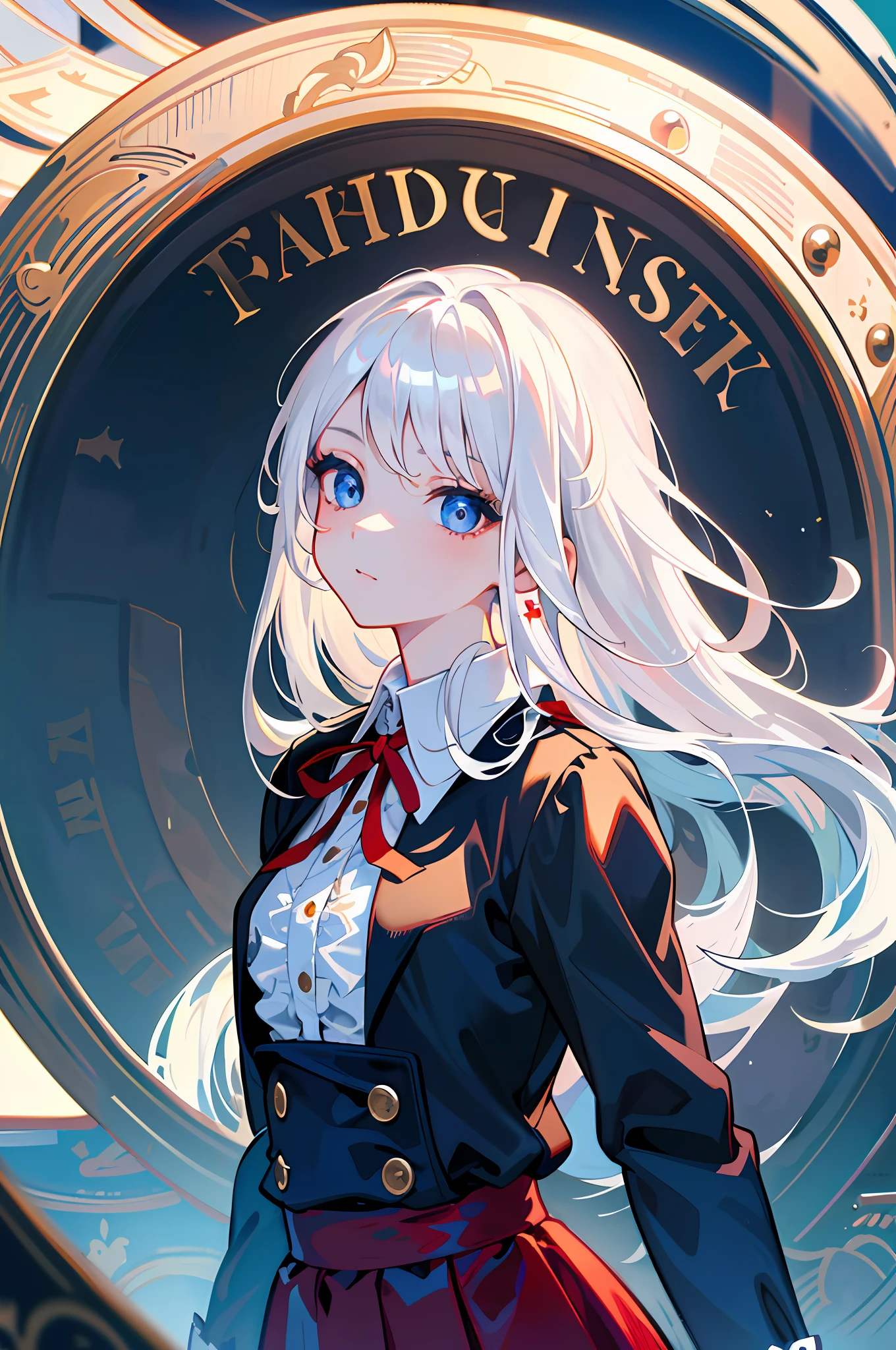 (detailed beautiful eyes and detailed face, masterpiece side light, masterpiece, best quality, detailed, high resolution illustration), (1 girl, beautiful girl, shiny skin), (flowing white hair, blue eyes, red skirt, ribbon, button shirt), empty background, (standing)