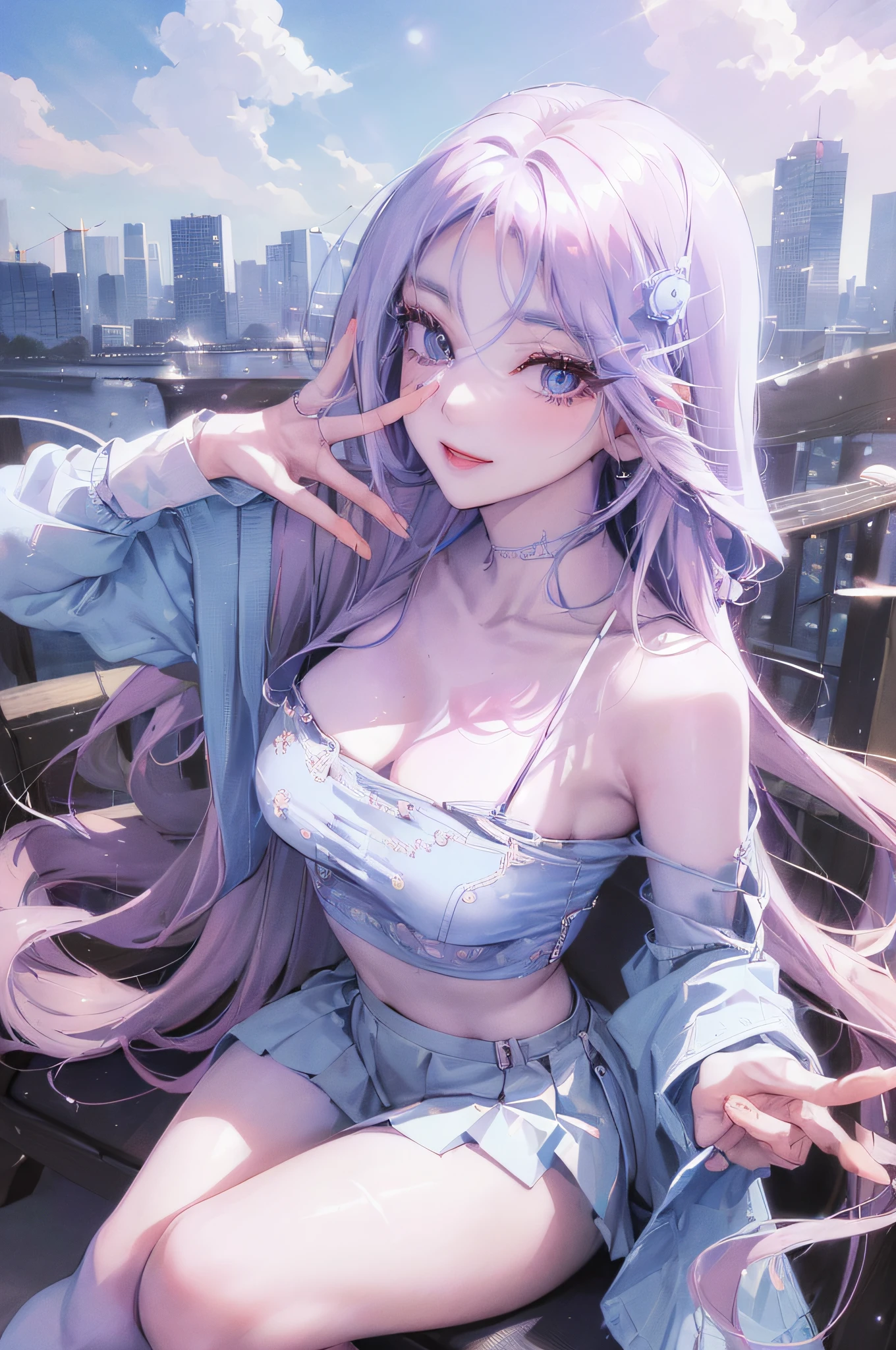 official art, masterpiece, sharp focus, (beautiful gorgeous cute Korean woman:1.3), (beautiful cute korean:1.3), korean beauty, Delicate and beautiful hair and eyes and face, realistic, ultra detailed, beautiful girl, blue sky, glow white particle, (sidelighting:1.2), sun light, white cloud, detailed clouds, slender, Lovely very large breasts and very large hips, smile with teeth, ((smile with eyes, open both eyes)), scenery, long straight hair, sexy facial expression, building, (cityscape:1.7), dynamic hair, long straight hair, detailed platinum pink hair, glow blue eyes, (blue pleated shirts + white skirt), white long socks, pale skin, hair ornament, epic scenery,