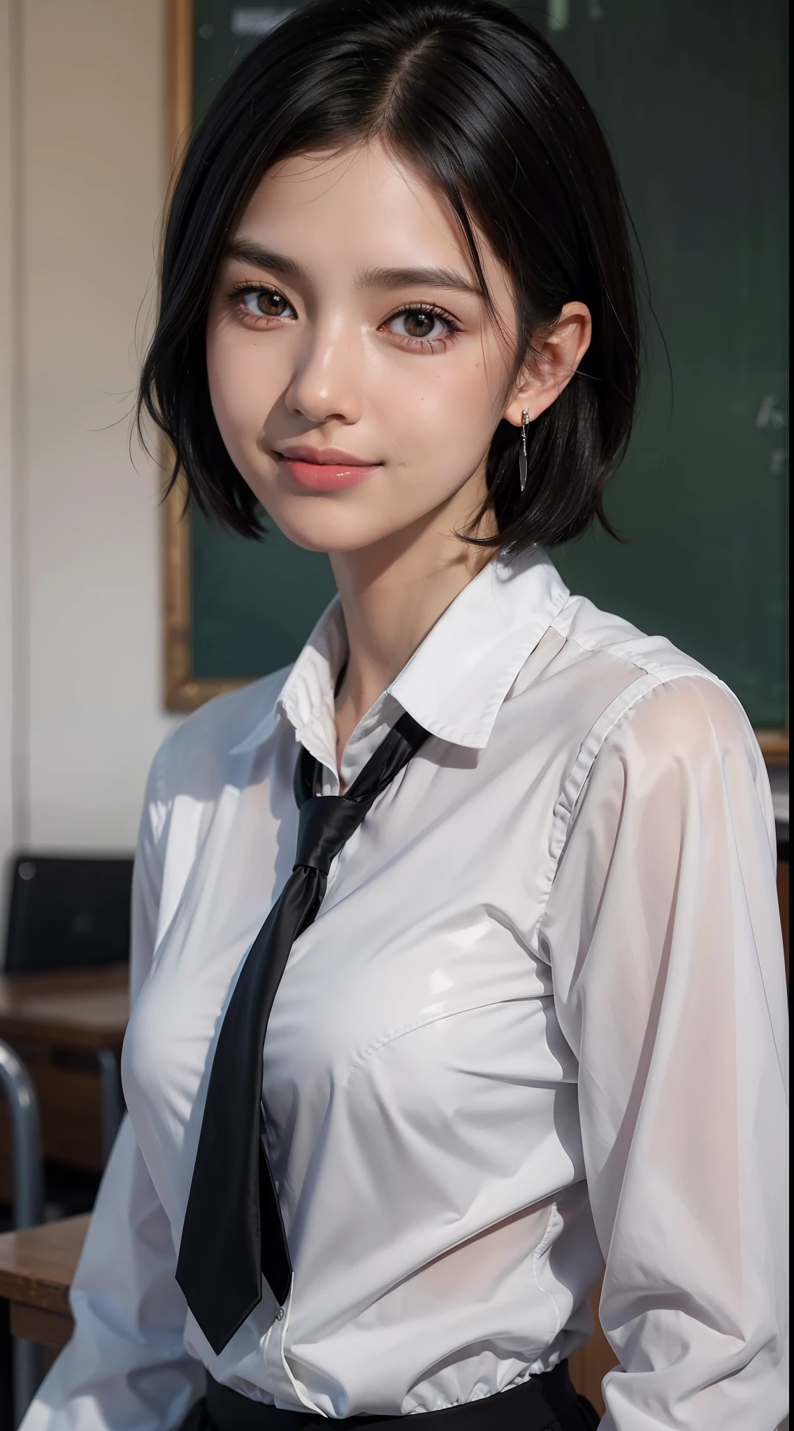 masterpiece, top quality, raw photo, photorealistic, big, face light, shiny skin, high resolution, super detail, detail, detailed eyes and face, sharp pupils, smile, sharp focus, shiny skin, schoolgirl, black hair, short hair, earrings, classroom, school uniform