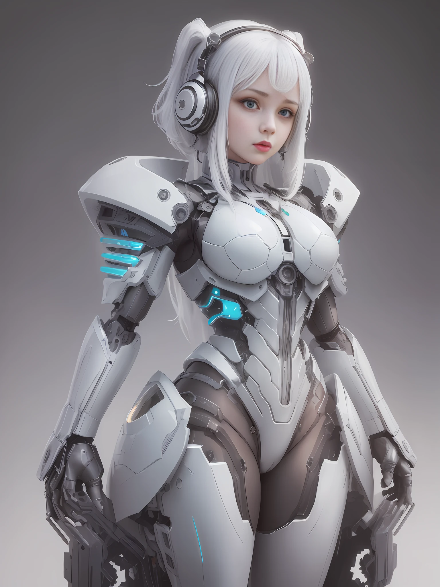1 girl, standing position, ((mechanical deformation))), white background, (((highest quality realistic TPE silicone))), white hair, domineering expression, charming, headphone antenna, --auto --s2
