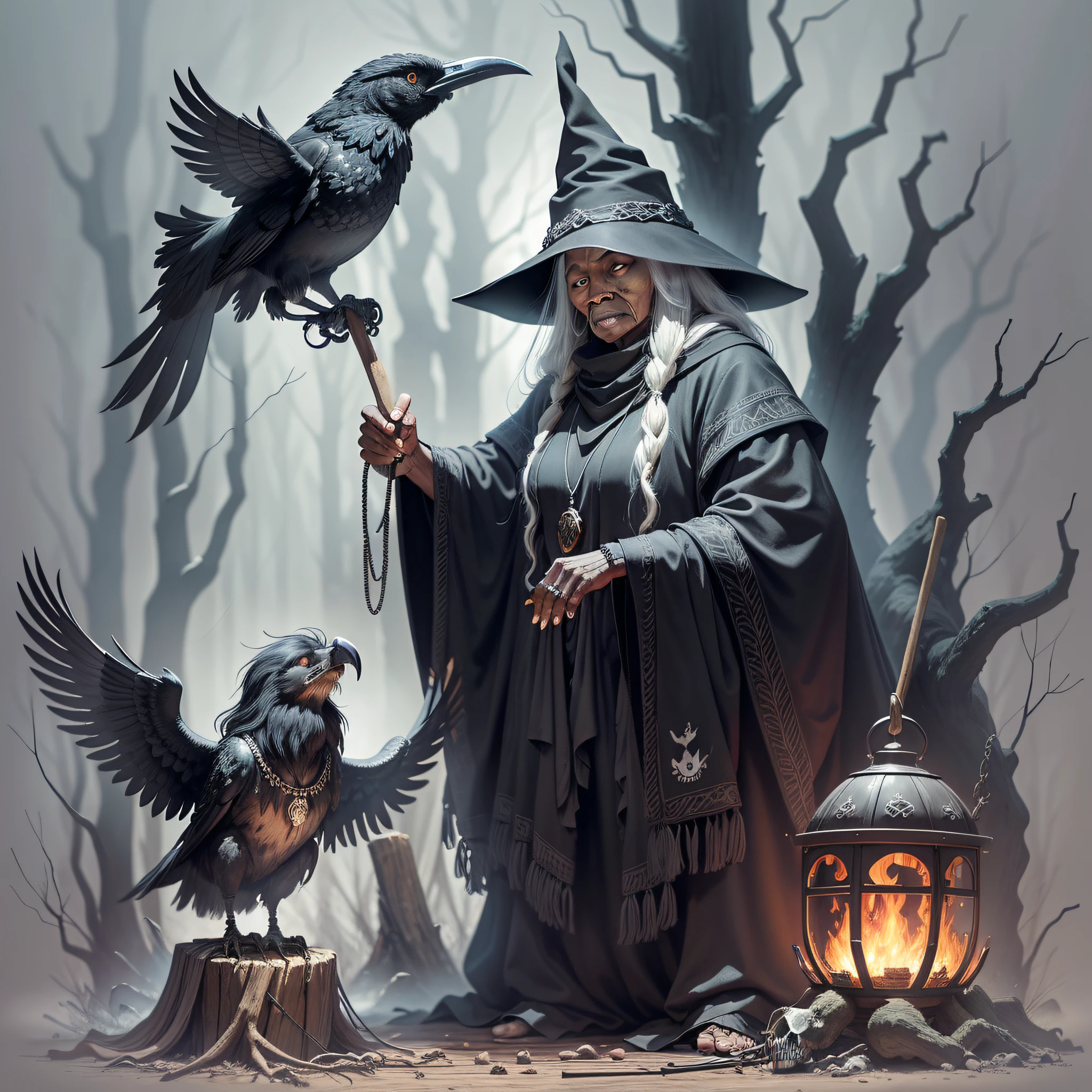 Baba Yaga, a black old woman woman from Slavic mythology flies on a broomstick, living in a gloomy forest, black trees, darkness, fire, old wooden house, night, danger, fog, skulls, bones, old fence, black raven, necklace of bones, cauldron of soup, magic, myth