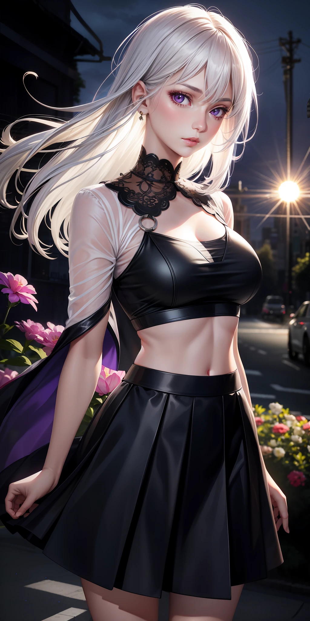 Realistic, 1girl, white hair, purple eyes, glowing eyes, cropped top, transparent skirt, parted lips, blush, night, flowers, sun, sunlight,