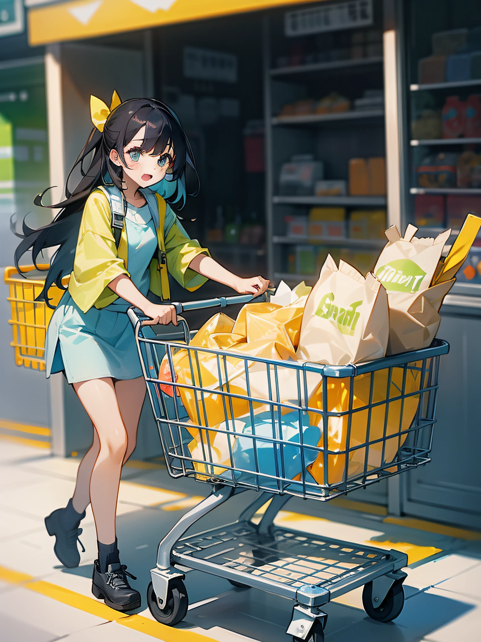 A girl pushes a yellow shopping cart