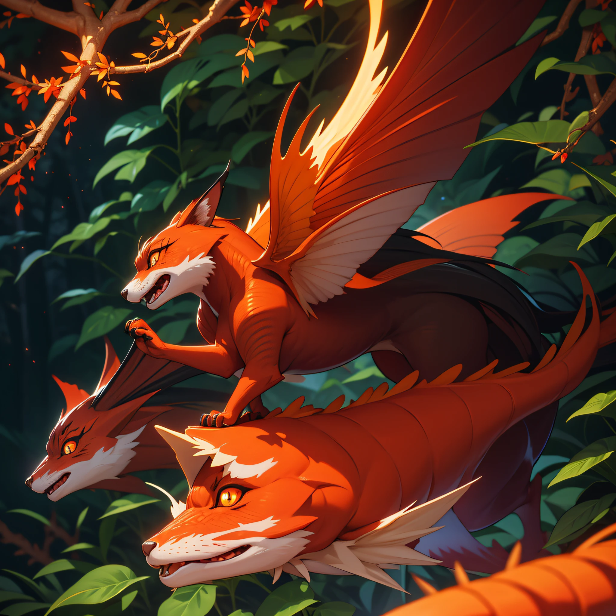 fox, red scales, yellow belly fur, many tiny black spikes, orange fin-like wings, orange tendrils, glowing gold eyes, in a majestic fantasy forest, masterpiece, best quality,