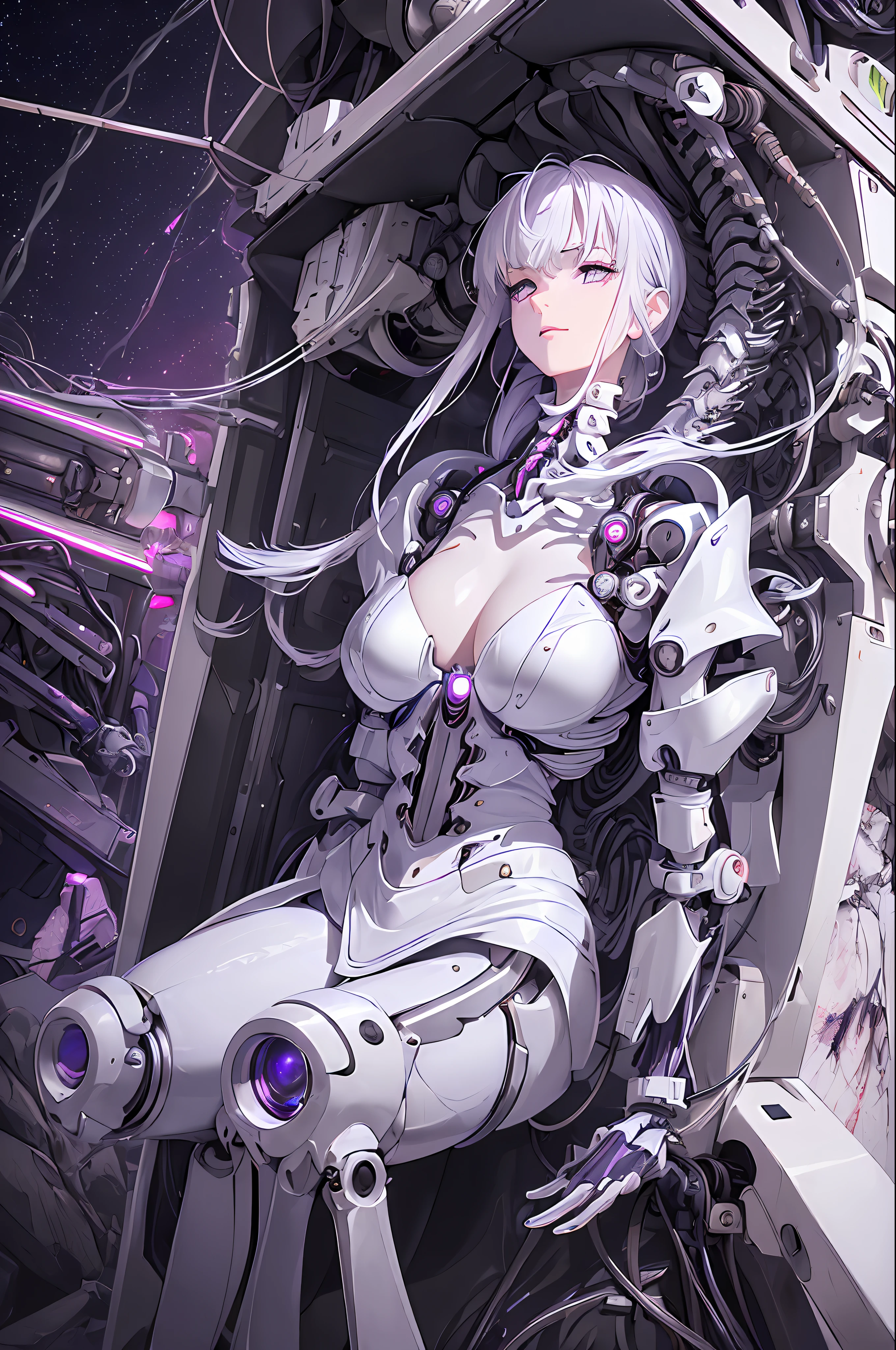 (((Masterpiece)))), (((highest quality)))), ((Ultra Definition)), (Very Detailed Photoreality), (((Very Delicate and Beautiful)), (Delicate and Pretty Face), Cinematic Light, (((1 Machine Girl)), Solo, Full Body, Big, Cleavage Is Visible Skin, White Hair, Purple Eyes, Luminous Eyes, (Mechanical Joint: 1.4), (Mechanical limbs)), (Blood vessels connected to tubes), (( Mechanical vertebrae attached to the back)), (((cervical vertebrae of the machine) attached to the neck)), ((sitting)), expressionless, (wires and cables attached to the head and body: 1.5), (character focus), small LED lamps on the body, Evangelion, SF, detailed neon