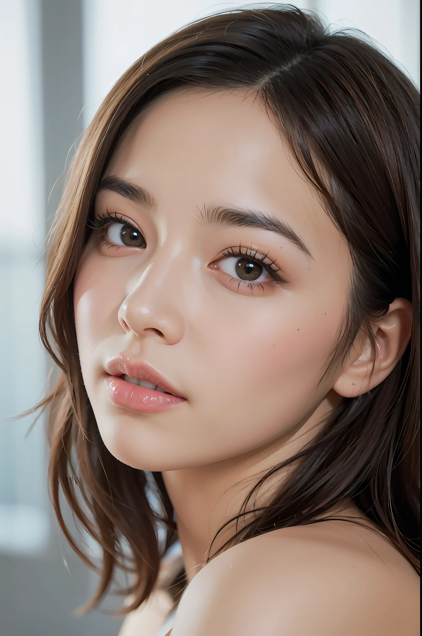 (8K, HDR, highres), ((((Photography, RAW photo, hyperrealism, masterpiece, best quality, ultra highres)))), (pin light, back light, backlighting, cinematic light), sharp focus:1. 4, (hyper detail, finely detailed), face close-up, close-up,
1girl, Egg-shaped face with cat-like eyes, small and plump lips, straight and cute nose, slightly blushing cheekbones, thick eyebrows and long and pretty eyelashes.