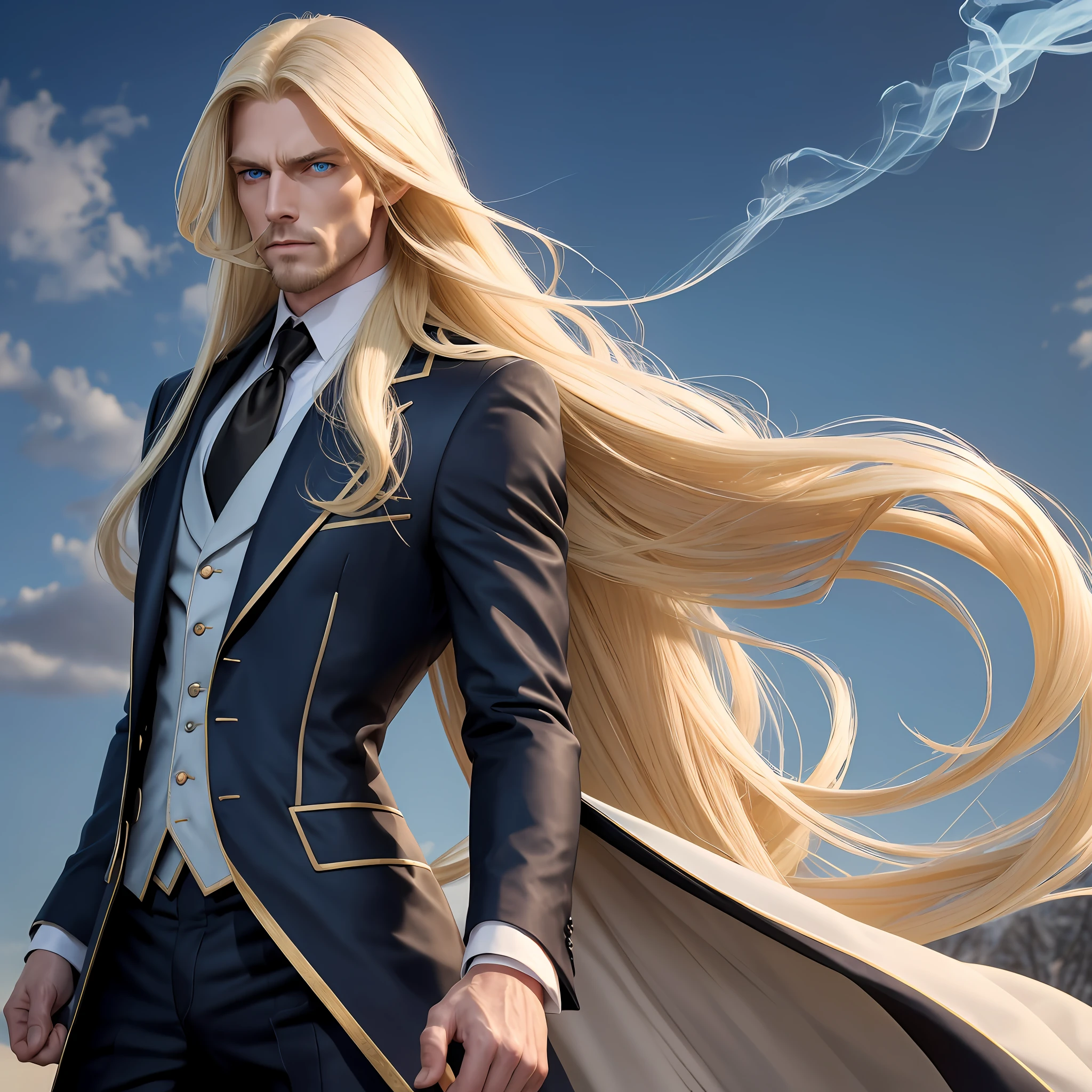 A tall man with a cold gaze and cold blue eyes stands, their blonde long hair whipping in the wind, with perfect anatomy, and no extra hand or leg. Smoking, in a black suit. (blonde long hair: 10.0, physical appearance: 9.0, cold gaze: 10.0, cold blue eyes: 10.0) --auto --s2