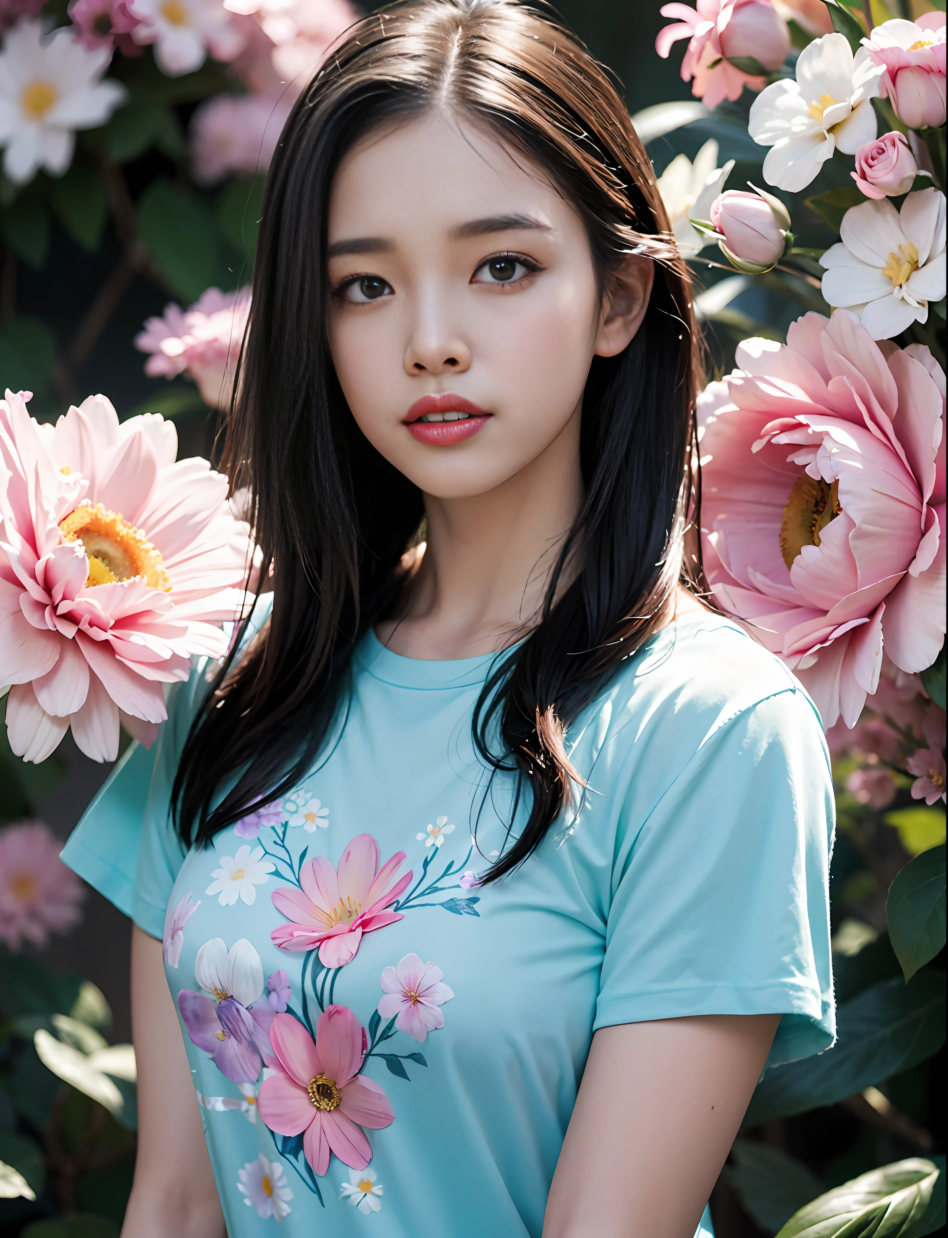 (((flowers splash at side and background))) , t-shirt design, in the style of realistic, ((pastel tetradic colors)), cute and quirky, fantasy art, bokeh, soft lighting, camera face view, retro aesthetic, focused on the character, 4K resolution, photo realistic, dynamic lighting, artstation, poster, volumetric lighting, very detailed faces , camera face , focus at face , life expression ,