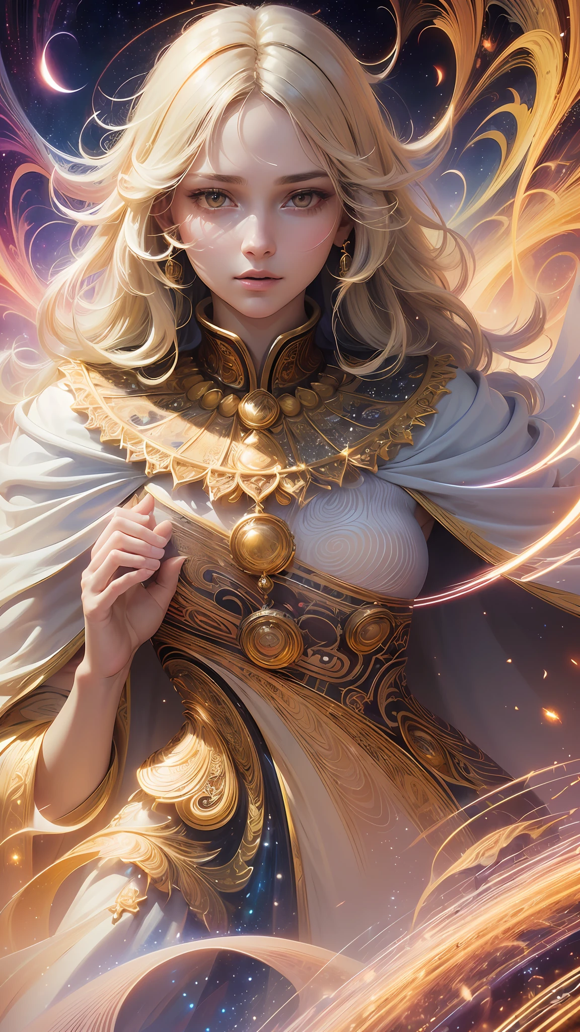 (masterpiece, top quality, best quality, official art, beautiful and aesthetic:1.2), (1girl), extreme detailed, (fractal art:1.3), colorful, highest detailed, perfect face, upper body, HDR, (praying:1.3), (white cloak golden lines:1.2), galaxy, (light streaks), striking visuals, (dynamic streaks, luminous trails:1.2), vibrant colors, --auto --s2