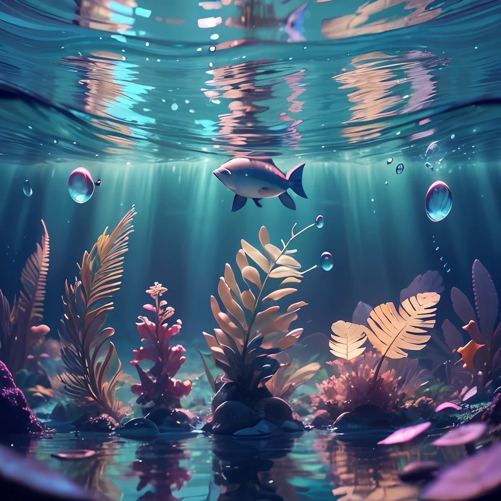 Ultra realistic artistic and professional photography of a MacBook Air, wet, under the seabed, scattered oxygen bubbles, tropical fish swim around, long shot from the front, photorealistic, beautiful natural lighting, ray traced reflections, wide angle lens, low depth of field, surreal photo manipulation, hyper realistic --auto --s2