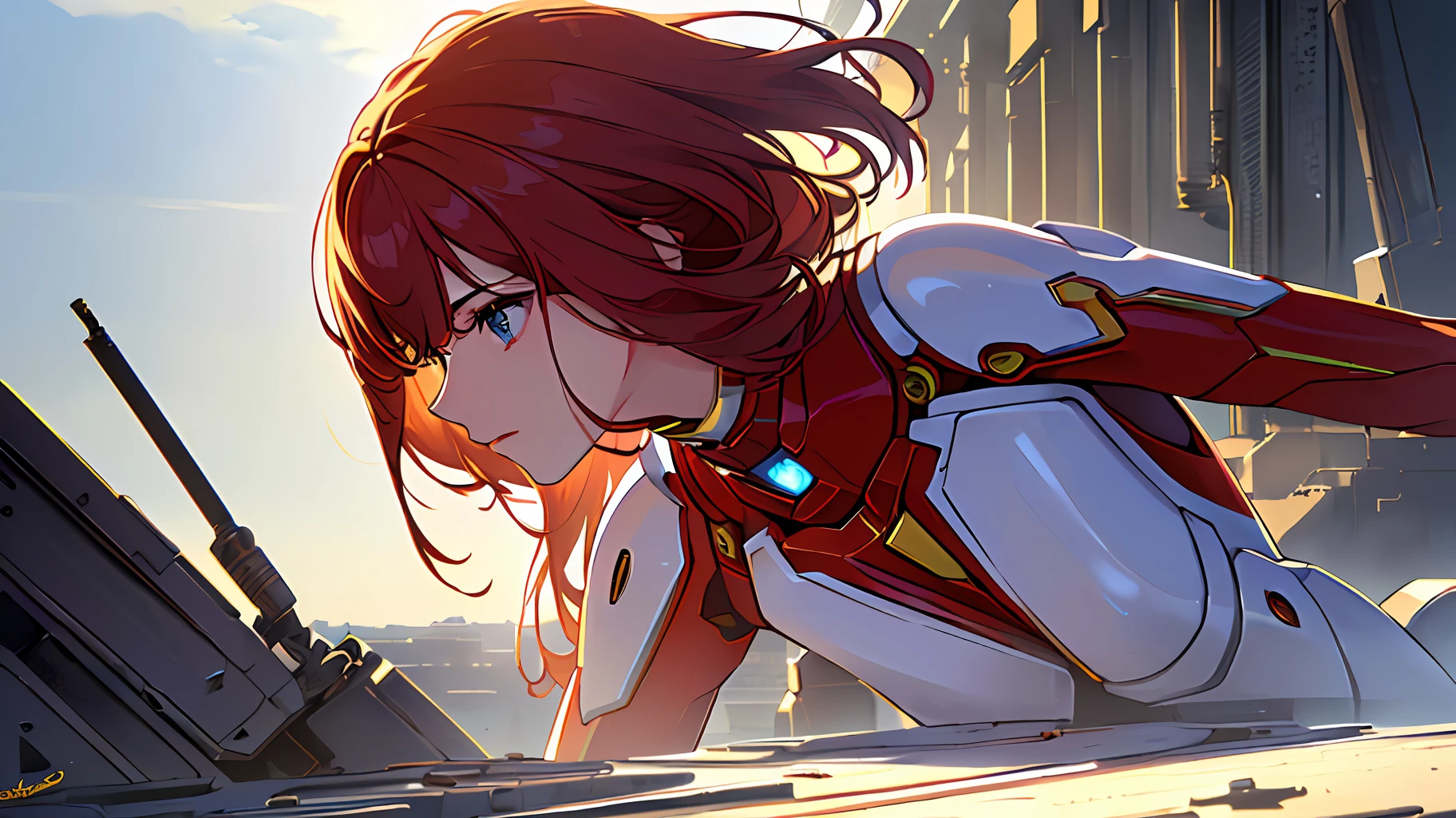 RAW, Masterpiece, Ultra Fine Photo,, Best Quality, Ultra High Resolution, Photorealistic, Sunlight, Full Body Portrait, Stunningly Beautiful,, Dynamic Poses, Delicate Face, Vibrant Eyes, (Side View) , she is wearing a futuristic Iron Man mech, red and gold color scheme, highly detailed abandoned warehouse background, detailed face, detailed and complex busy background, messy, gorgeous, milky white, high detailed skin, realistic skin details, visible pores , sharp focus, volumetric fog, 8k uhd, dslr camera, high quality, film grain, fair skin, photorealism, lomography, sprawling metropolis in futuristic dystopia, view from below, translucent