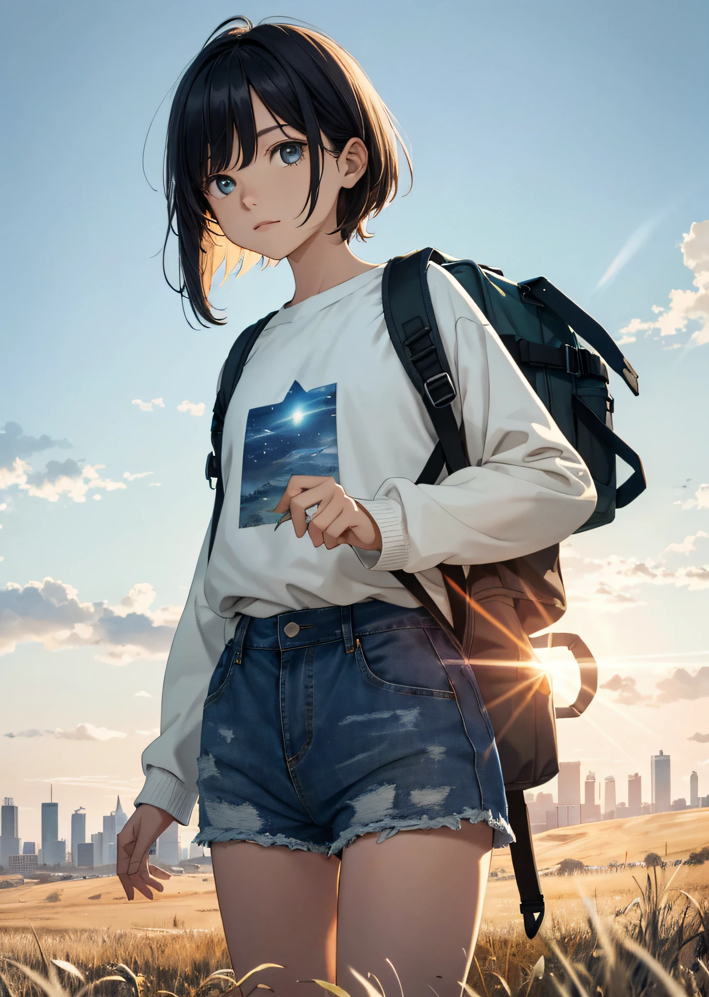 The vast sky, beautiful skyline, large grasslands, extremely tense and dramatic pictures, moving visual effects, high hanging Polaris, colorful natural glare. A girl in a long-sleeved top and denim shorts with a side backpack