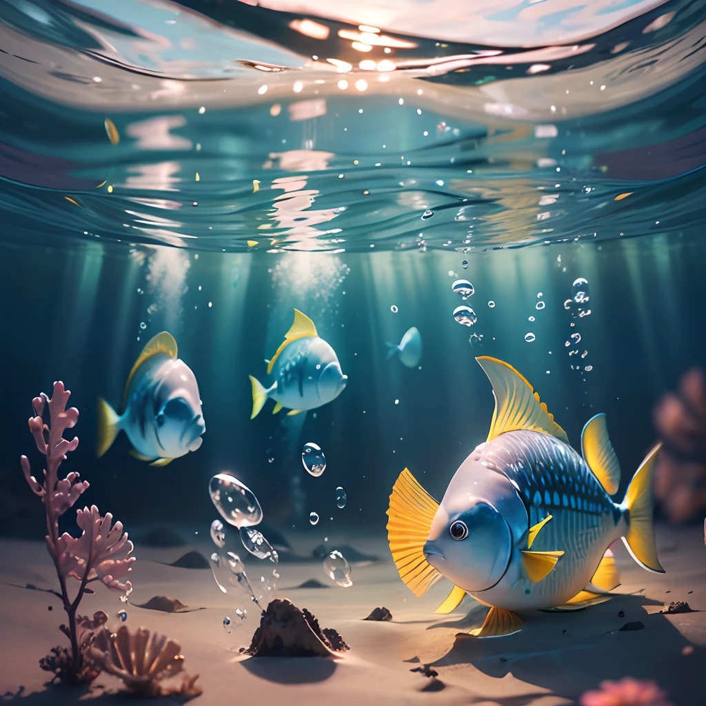 Ultra realistic artistic and professional photography of a MacBook Air, wet, under the seabed, scattered oxygen bubbles, tropical fish swim around, long shot from the front, photorealistic, beautiful natural lighting, ray traced reflections, wide angle lens, low depth of field, surreal photo manipulation, hyper realistic --auto --s2