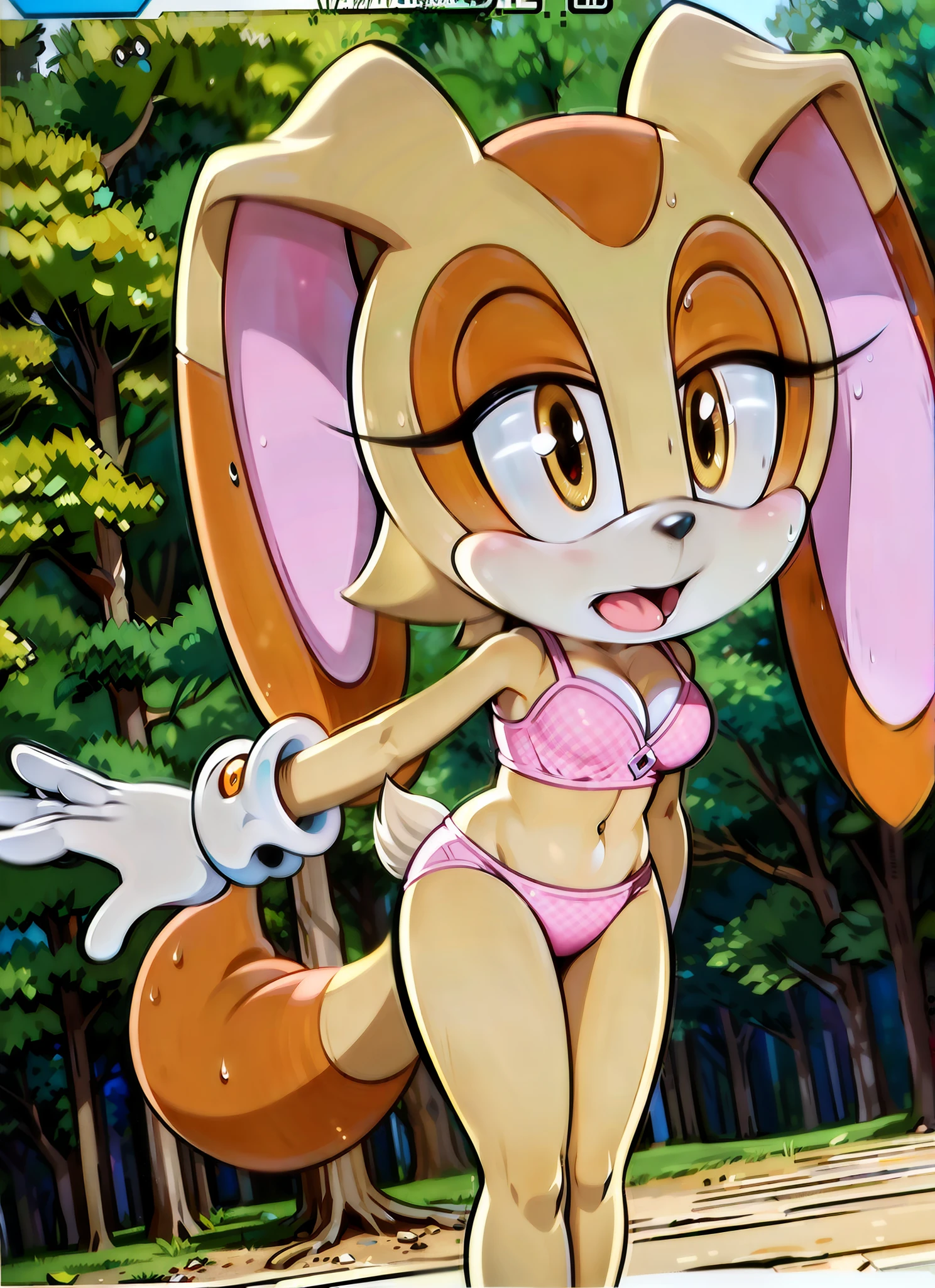"(((masterpiece))),4k resolution,extremely delicate and beautiful,dynamic angle and pose,(1girl), animal nose, Cream the rabbit,withe sport bra, white panties, sfw, (( thin )), 6 girl, (( thin legs )), alone, looking at viewer, in a forest, white gloves