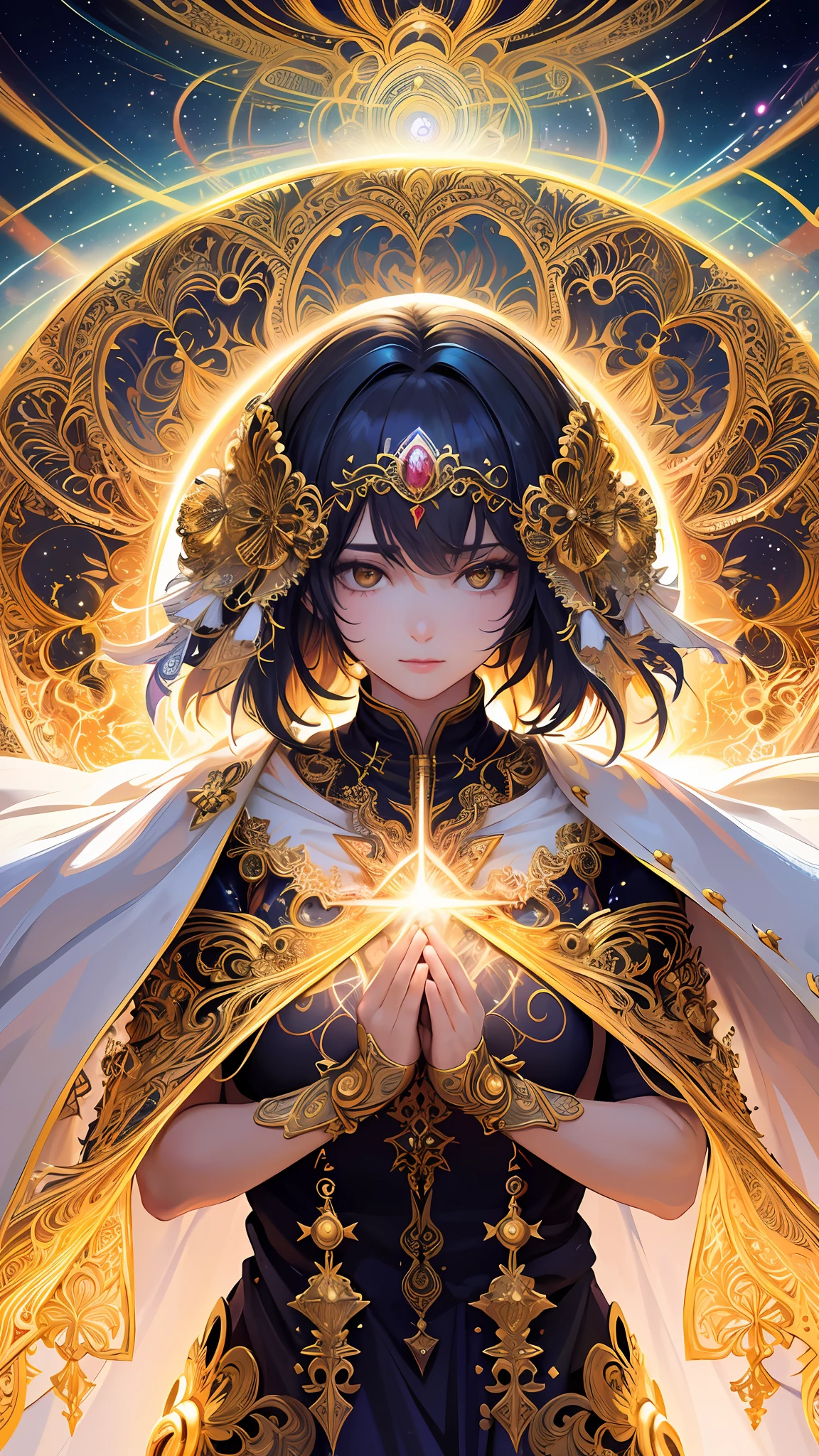 (masterpiece, top quality, best quality, official art, beautiful and aesthetic:1.2), (1girl), extreme detailed, (fractal art:1.3), colorful, highest detailed, perfect face, upper body, HDR, (praying:1.3), (white cloak golden lines:1.2), galaxy, (light streaks), striking visuals, (dynamic streaks, luminous trails:1.2), vibrant colors,