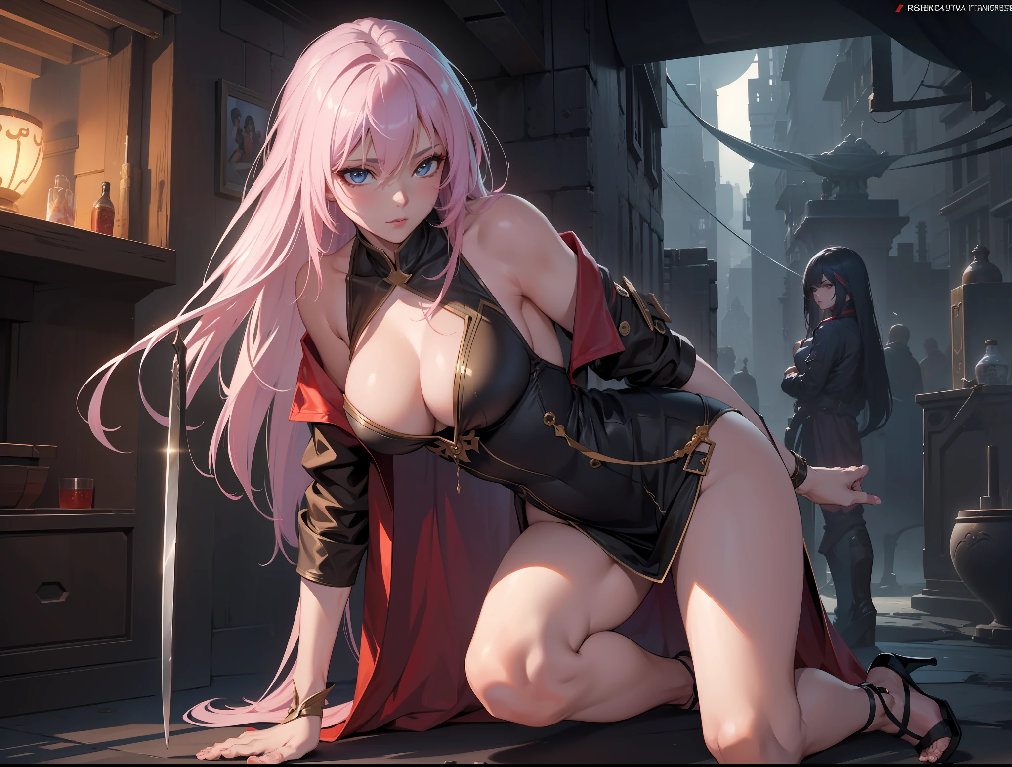 Close-up of a naked prostitute with a sword, portrait of Yang J, naked, (full) holding boobs, juice, cgsociety pop, fantasy art, beautiful figure painting, Guvitz-style artwork, Guwiz, epic fine character art, stunning character art, beautiful female assassin, mix4, 20d, solo, long_hair, shirt, dress, high_heels, full_body, look_at_viewer, (8k, RAW photo, best quality, mastery:1.2), (realistic, photo-realistic:1.37), professional lighting, photon mapping, radiosity, physically based rendering,