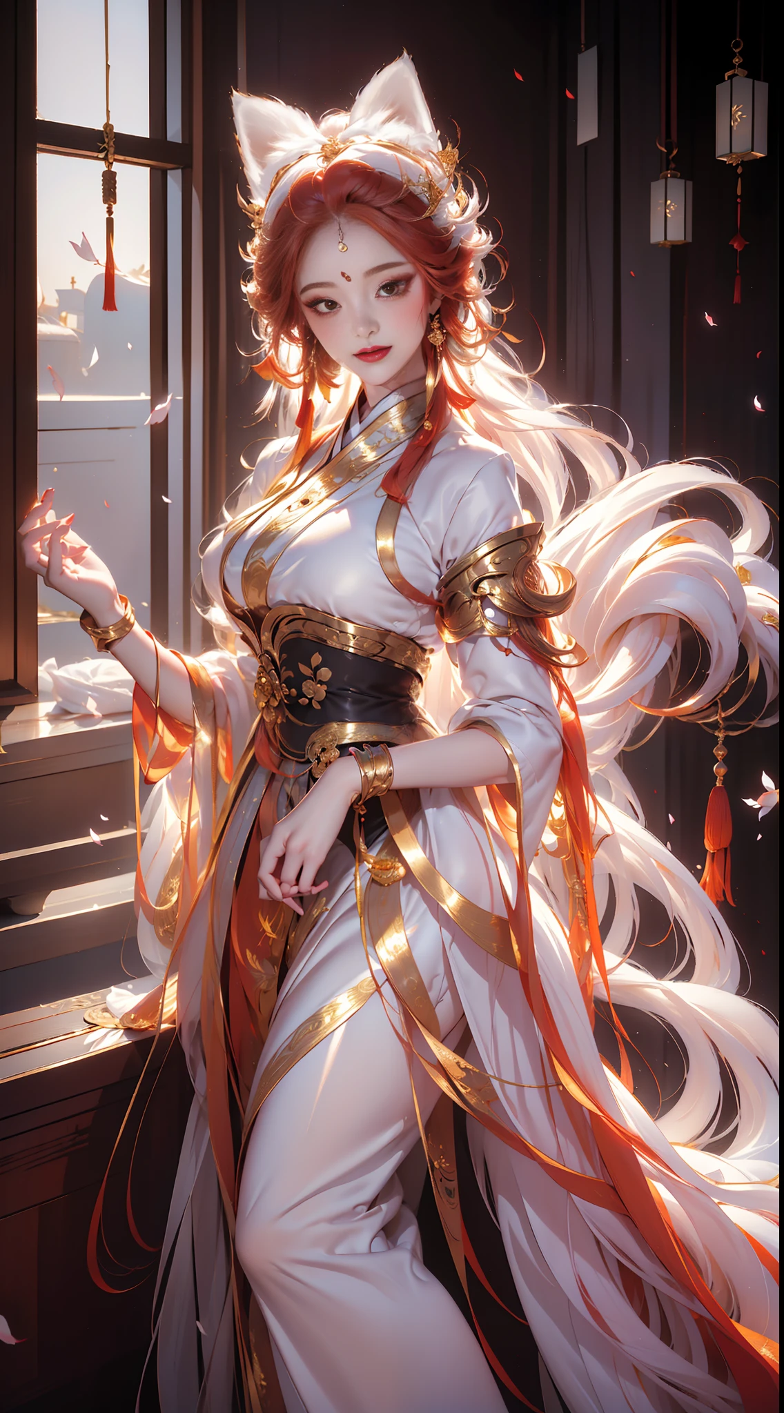 Superb Quality, Masterpiece, High Resolution, (Exquisite Body: 2.0), Superb Beauty, (Milky Skin: 1.3), Exquisite Details, Exquisite Face, High Resolution, Wallpaper, 1 Female, Solo, Dress, Hair Accessories, ((((Golden Red Dress)) ), Long white hair, fox's tail, Charming smile, gorgeous accessories, long sleeves, raised hands, wide sleeves, big eyes, fluttering hair, hanfu, hanfu, embroidery, long skirt, feminine pose, falling petals, lantern, 16K, HDR, high resolution, depth of field, (Film Grae: 1.1), Bocon, Primetime, (Lens Glow), Vignette, Rainbow, (Color Grading: 1.5)