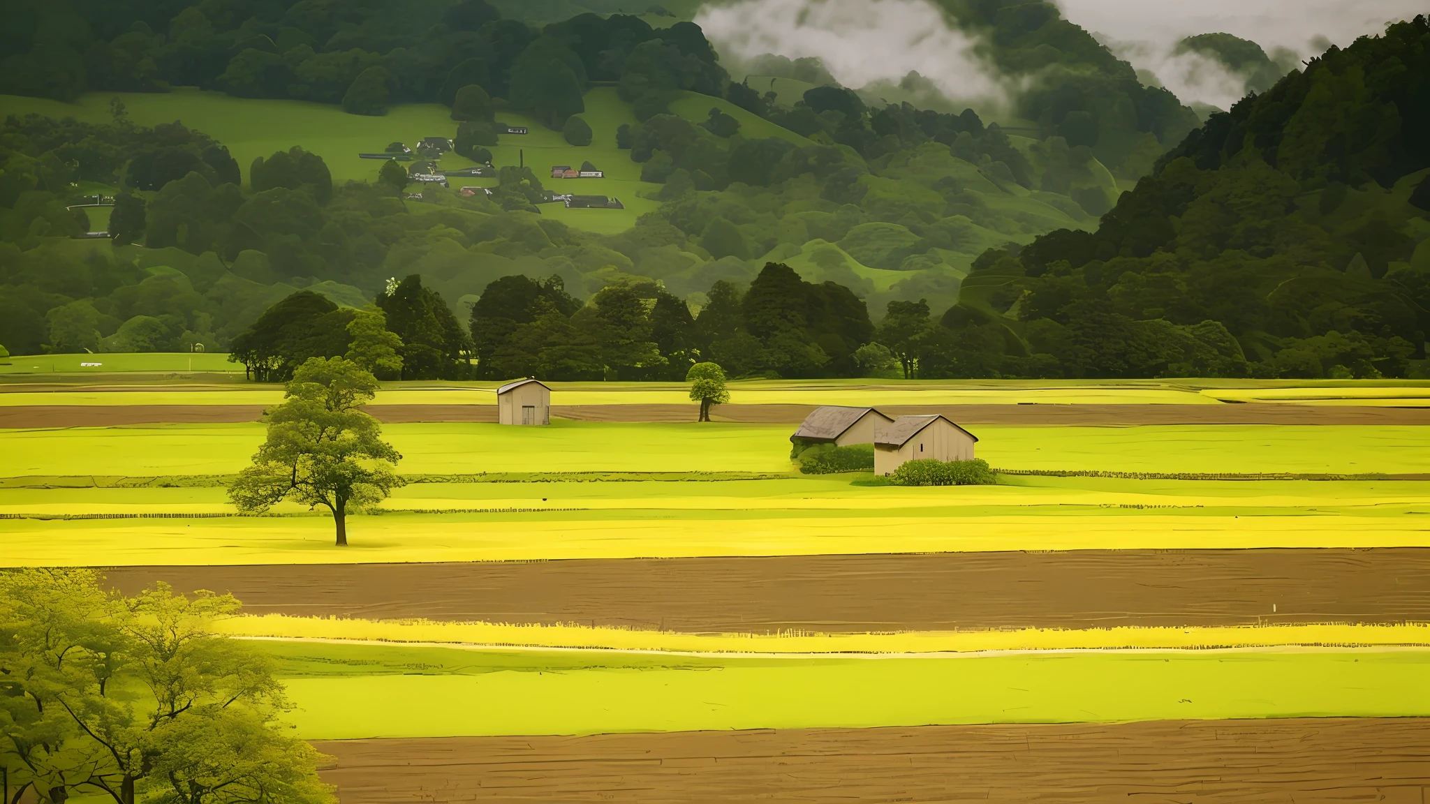 there is a field with a house and a tree in it, patches of green fields, country landscape, green fields, countryside, countryside in japan, verdant green fields, lush countryside, green meadows, rural landscape, green fields in the background, lush farm lands, by Franz Hegi, idyllic and fruitful land, detailed fields nature, landscape scenery, farmland