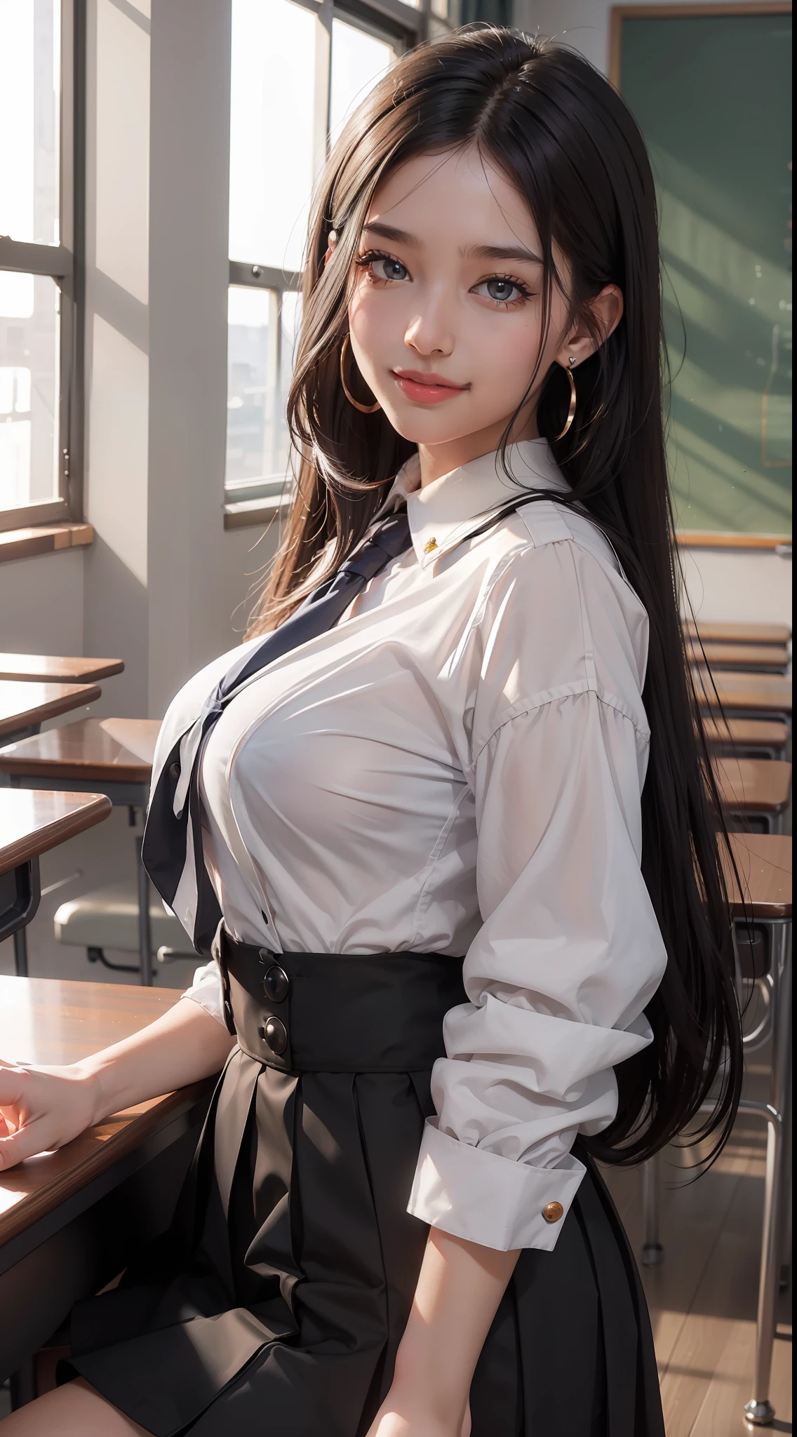 masterpiece, top quality, raw photo, photorealistic, big, face light, shiny skin, high resolution, super detail, detail, detailed eyes and face, sharp pupils, smile, sharp focus, shiny skin, schoolgirl, black hair, long hair, earrings, classroom, school uniform, bra