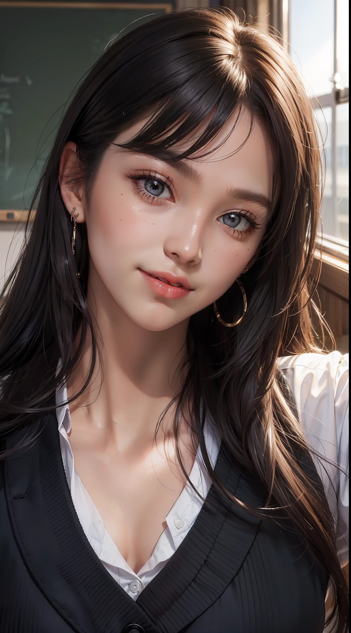 masterpiece, top quality, raw photo, photorealistic, big, face light, shiny skin, high resolution, super detail, detail, detailed eyes and face, sharp pupils, smile, sharp focus, shiny skin, schoolgirl, black hair, long hair, earrings, classroom, school uniform, bra