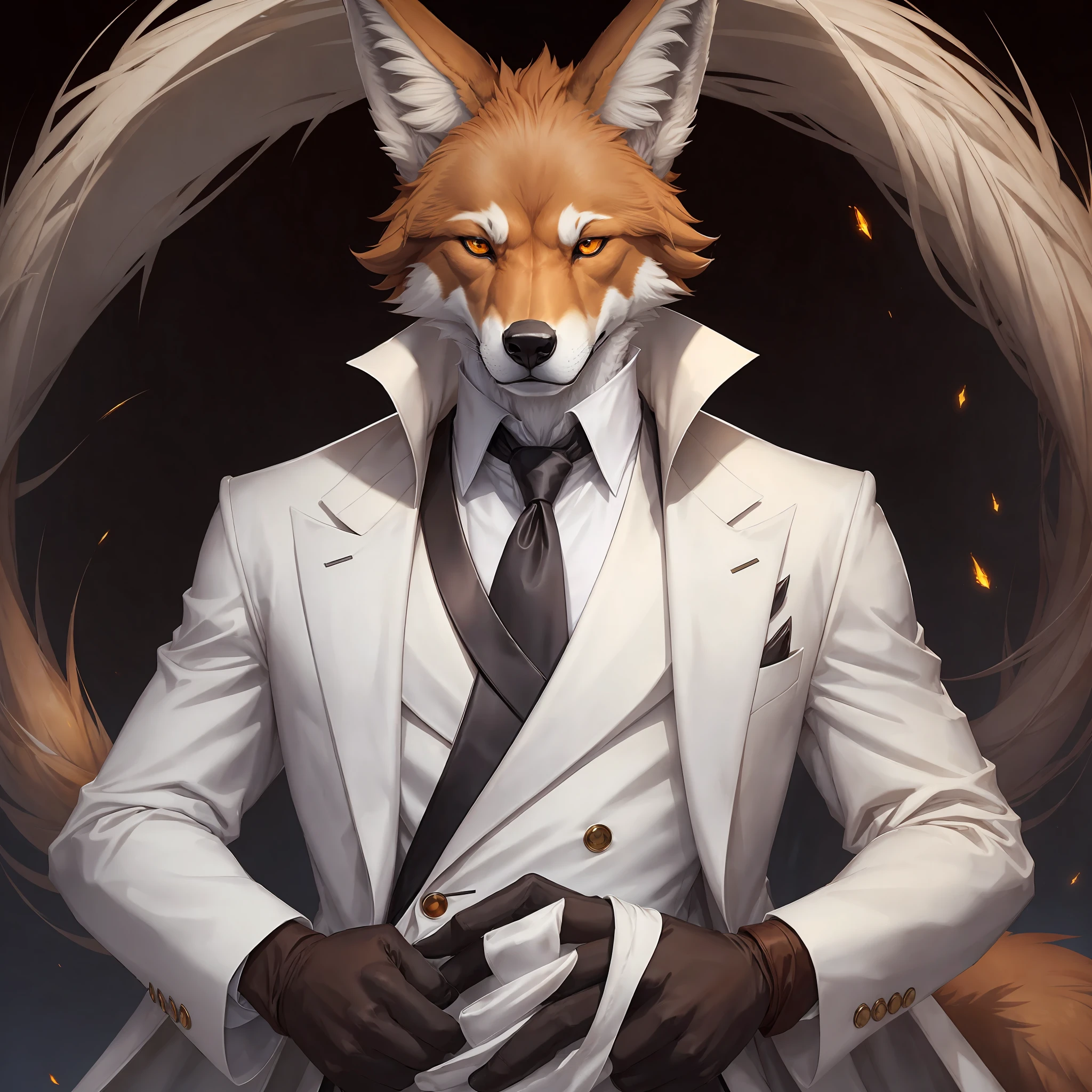 Create an image of an anthropomorphic maned wolf with a serious demeanor, appearing to be around 19 years old. He has the typical reddish-brown fur of a maned wolf, which is sleek and well-groomed. To add a touch of style to his appearance, he is wearing a white coat as clothing.

The white coat fits him perfectly and adds a sense of refinement to his overall look. Despite his youthful age, the maned wolf exudes a mature presence and carries himself with confidence and authority.

Emphasize his anthropomorphic features, such as his upright posture, anthropomorphic hands, and expressive facial features. Capture his serious expression, highlighting the intensity in his amber eyes, as well as the details of the white coat he is wearing.

Showcase the unique blend of the maned wolf characteristics and the stylish white coat, capturing the essence of this anthropomorphic individual with a serious yet refined appearance. --auto --s2