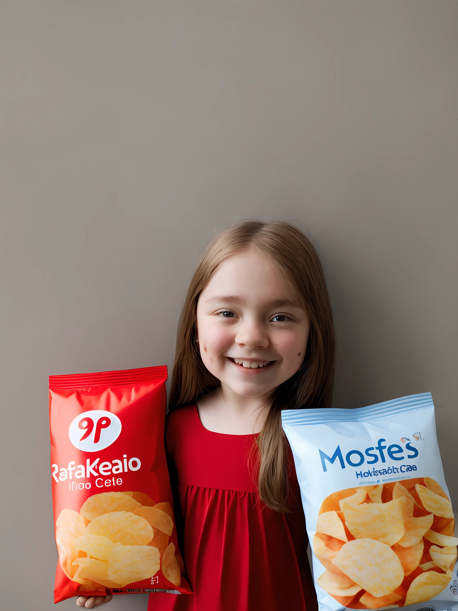masterpiece, best quality, full body view, detailed face, detailed eyes,R0S3F3S happy kid hugging a blank aluminium bag of chips