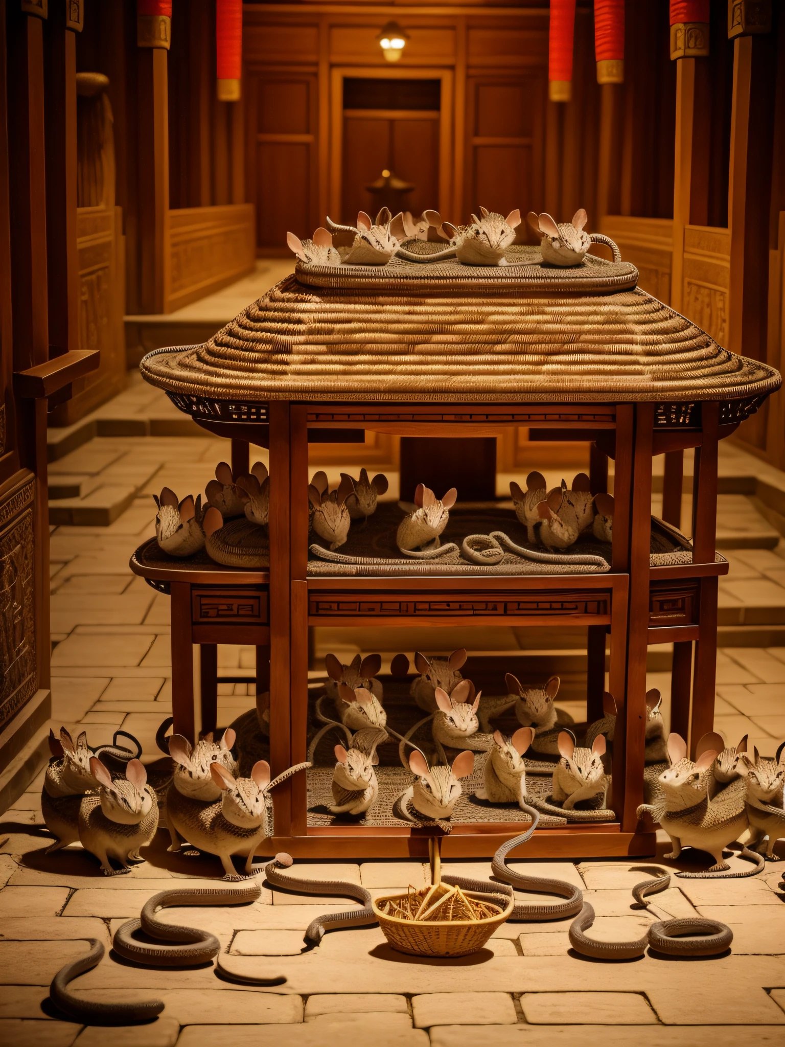 National style, in a temple, a basket of mice, a basket of snakes, a basket of insects, creating a terrifying atmosphere. masterpiece