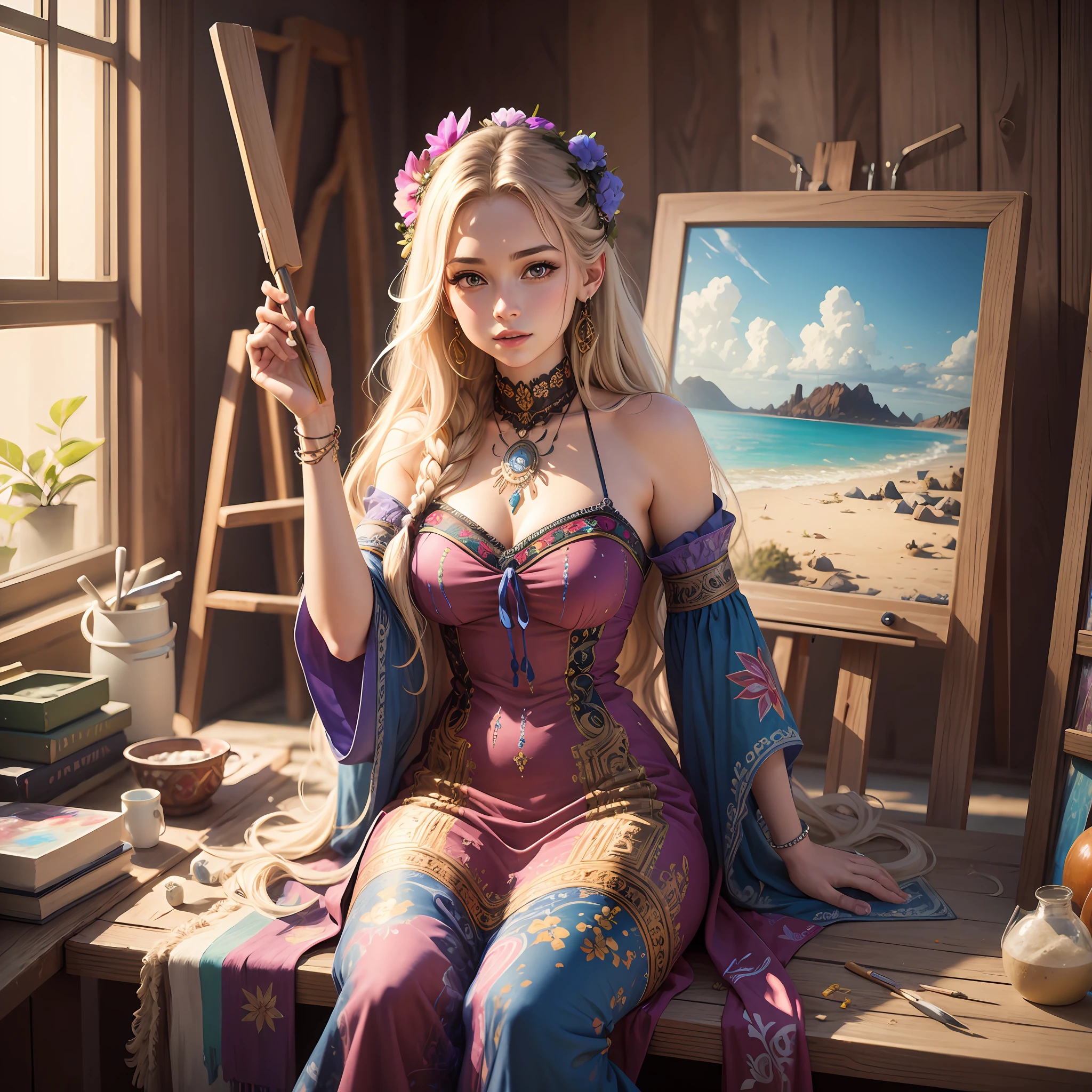 Realistic. Beautiful 20 year old girl with long hair in art studio. Bohemian dress, highres, ultra detailed, (1girl:1.3), BREAK decorative canvases. art, vibrant colors, translucent effects, , paint and brushes, intricate designs BREAK sand art, ephemeral creations, beach drawings, temporary installations, environmental art, natural medium BREAK immersive experiences, playful. Not anime. --auto --s2