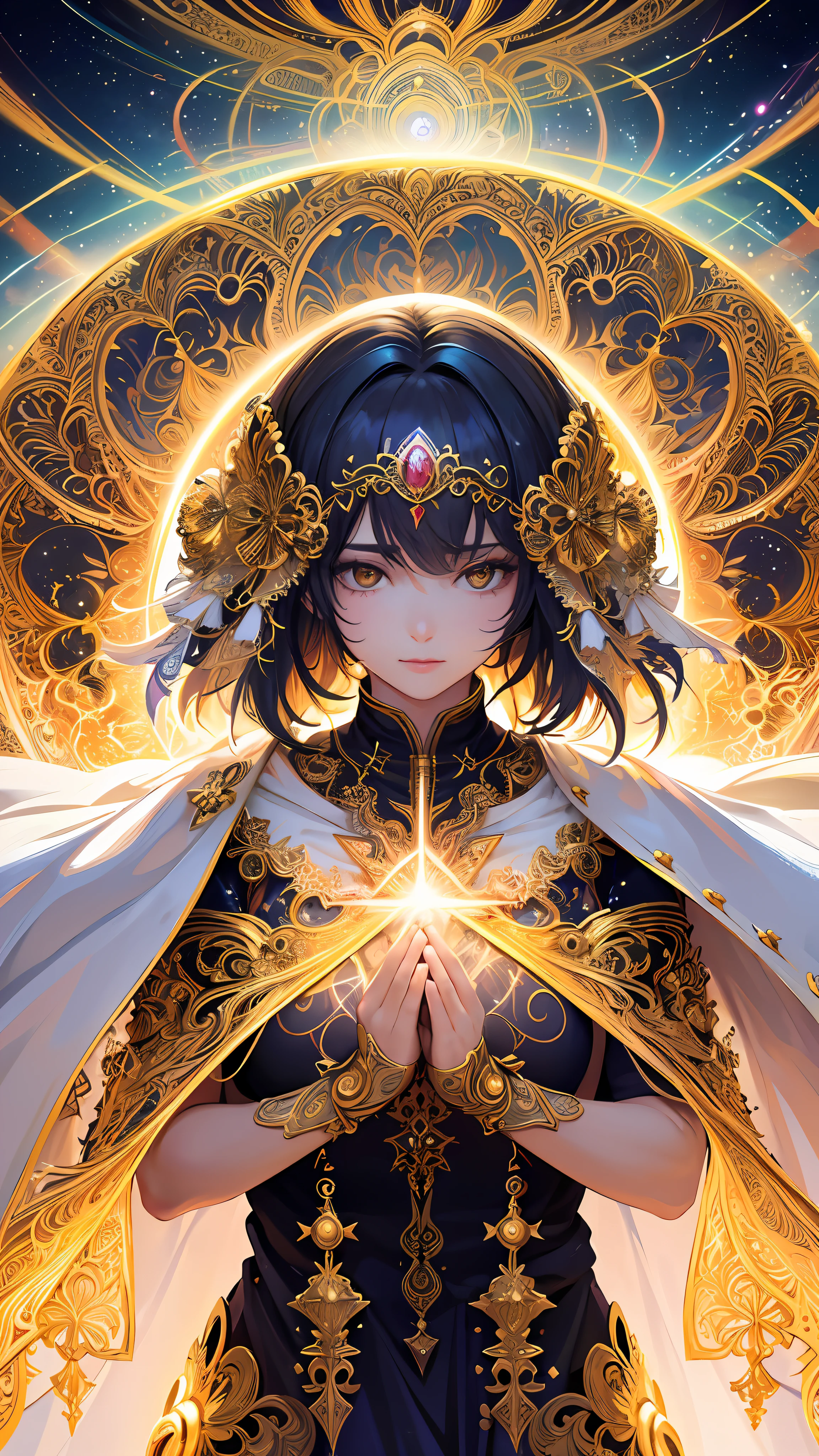 (masterpiece, top quality, best quality, official art, beautiful and aesthetic:1.2), (1girl), extreme detailed, (fractal art:1.3), colorful, highest detailed, perfect face, upper body, HDR, (praying:1.3), (white cloak golden lines:1.2), galaxy, (light streaks), striking visuals, (dynamic streaks, luminous trails:1.2), vibrant colors,