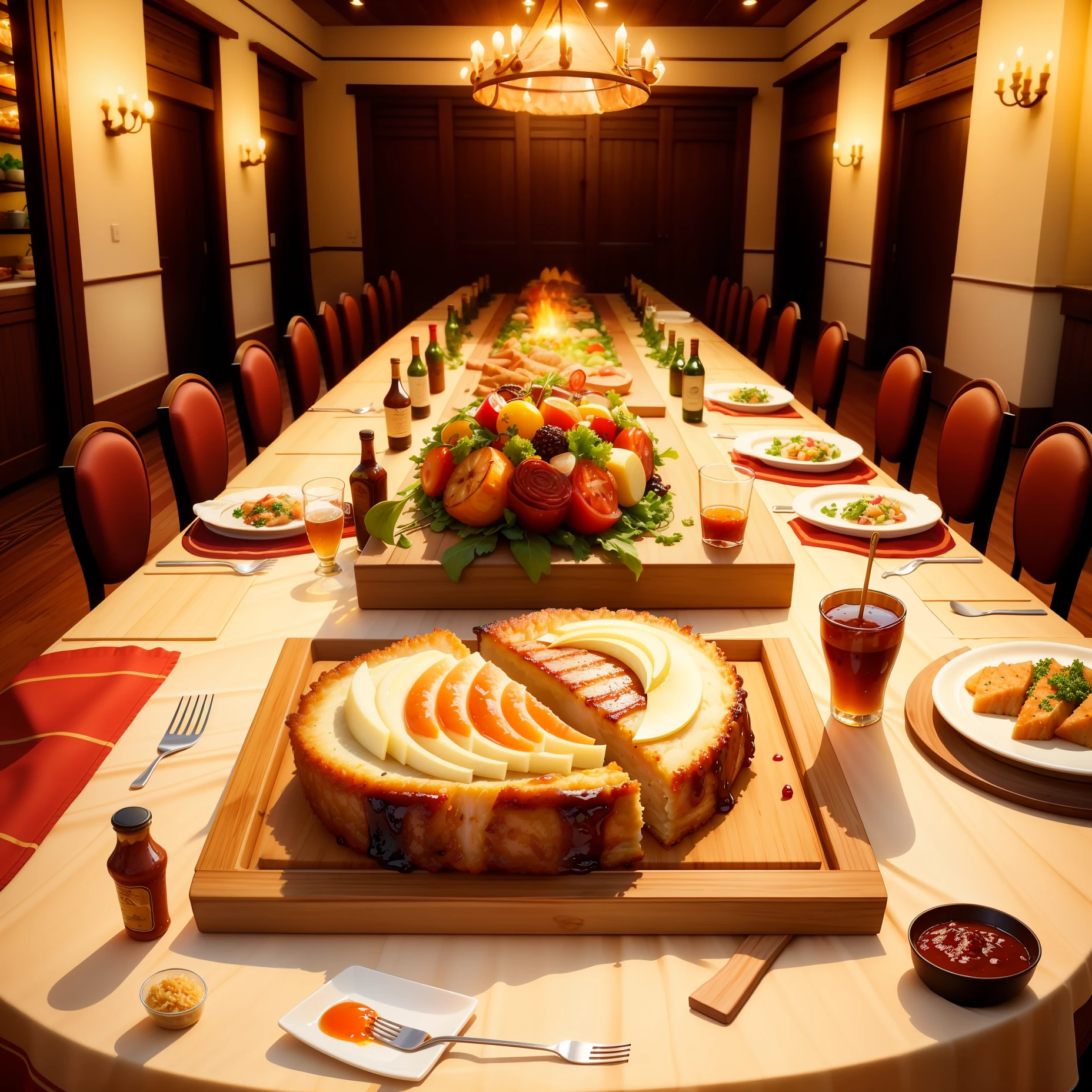 an amazing photo of delicious juicy fried barbecue, food photography, gourmet, steaming, top-down view, wooden table with natural deco and fabric, garnish on the table, intricate detail, 8k resolution, studio light, Michelin art kitchen style