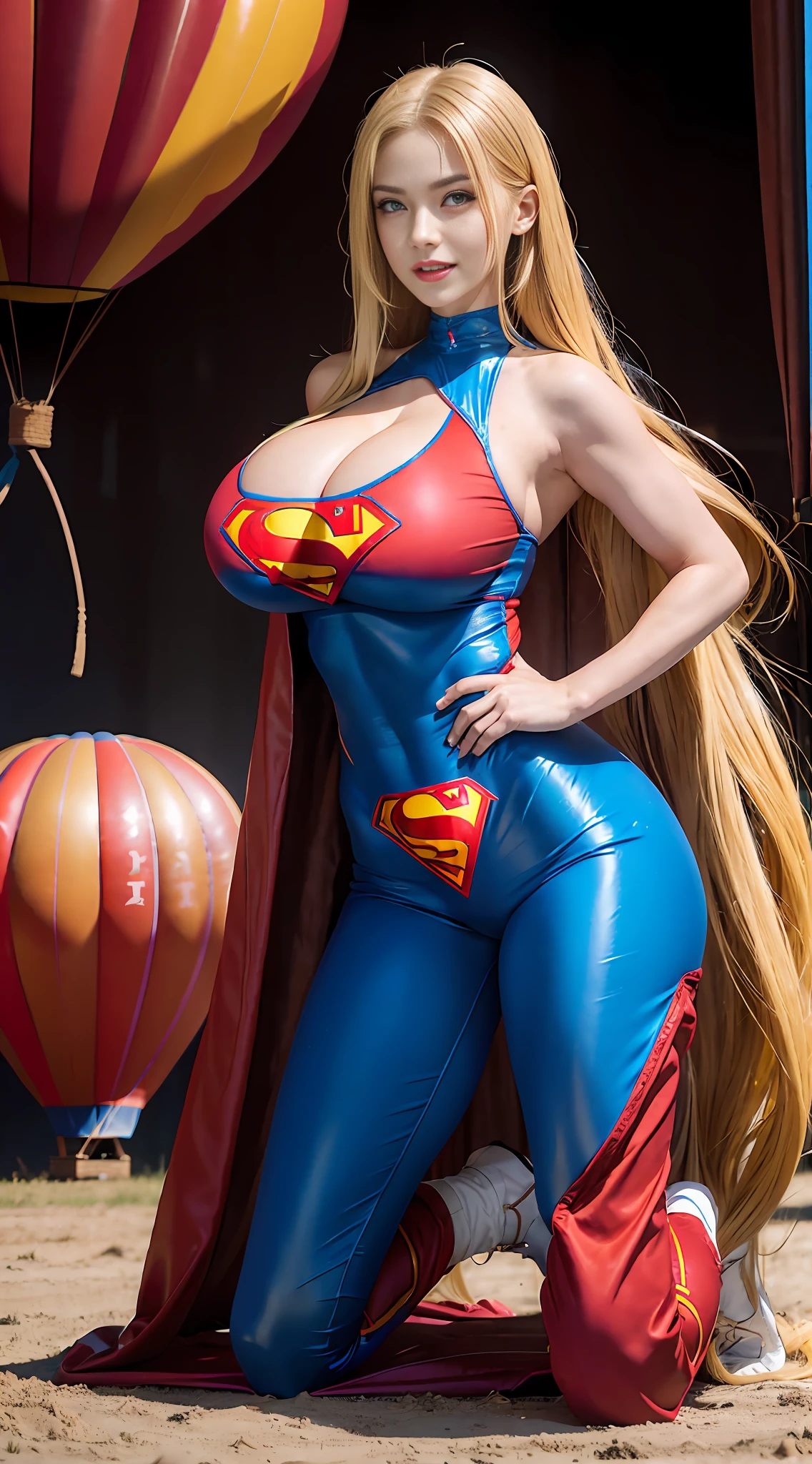 Muscular girl, long blonde hair, devil figure, (huge and amazingly large breasts), (the action of stuffing two huge hot air balloons into clothes), (huge hot air balloon sized breasts), (breasts as big as a hot air balloon), (waist exposed), (abs), (full body Superman suit), (covering breasts), smiling, (highlighting breasts are particularly large), frontal photos, (kneeling on all fours), (especially inflated breasts)