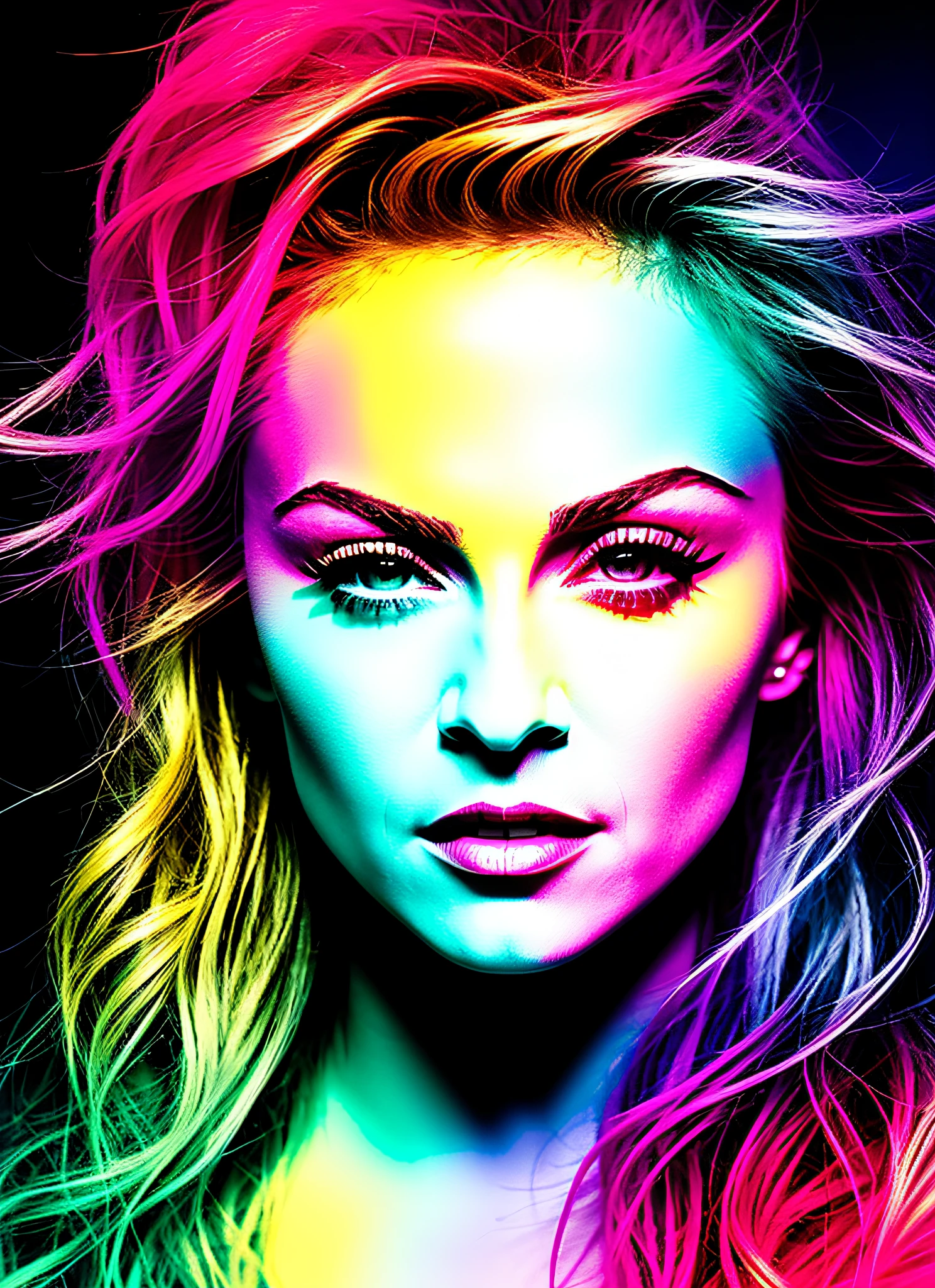 (snthwve style:1) (nvinkpunk:0.7) Detailed face of singer Madonna, (hallucinating colorful soap bubbles), by Jeremy Mann, by Sandra Chevrier, by Dave McKean and Richard Avedon and Maciej Kuciara, punk rock, tank girl, high detail, 8k, sharp focus, natural lighting, subsurface dispersion, f2, 35mm, film grain, pop singer Madonna with detailed ultra realistic face