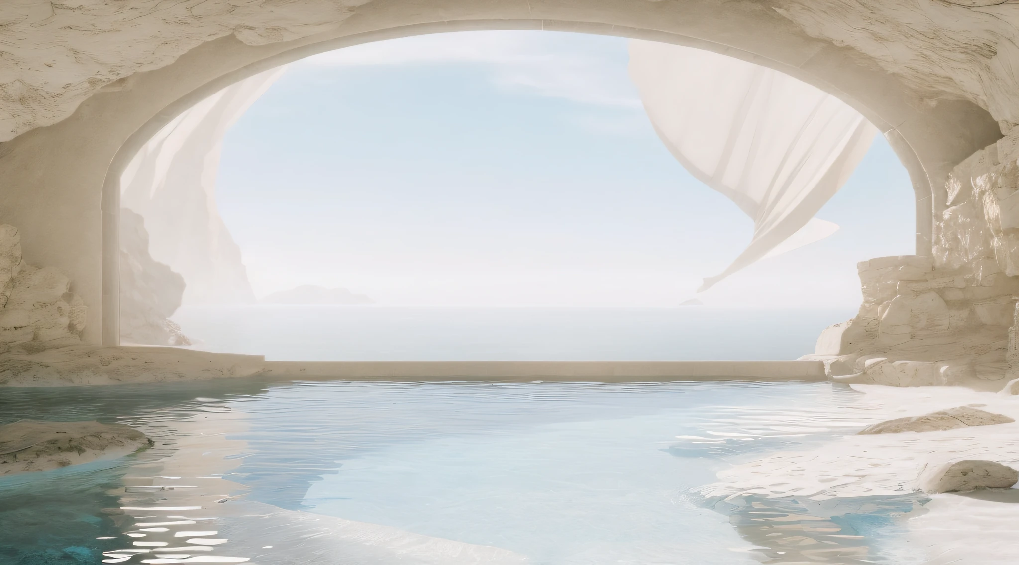 There is a swimming pool, sea view through the tunnel, next to the tunnel is a house made of stone, texture of the stone, 3D rendered matte painting, Greek fantasy landscape, surreal 3D rendering, fantastic matte painting, fantasy style 8K octane rendering, Unreal Engine 5 rendering dramatic, Summer Unreal Engine 5, beautiful rendering of landscapes in Filip Hodas' art style, 3D rendering, and mask painting