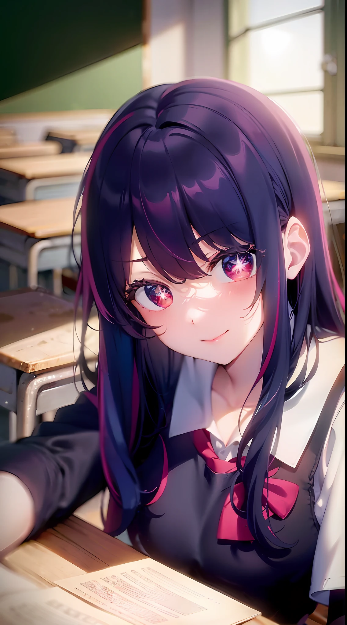Empty classroom after school, classroom scene, sunlight shining in through the window, (a lazy cute girl lying on her desk, looking at the audience, Smile: 1.3), solo, hair ornament on left, (half-off JK school uniform), black summer short-sleeved school uniform, (red eyes, stars in the eyes), classroom, (desk), curtains, windows, front, fantasy, (upper body) (large classroom: 1.2) (large scene), medium and long shot, denim lens, (colorful: 1.2) (best quality: 1.2), master work, (high accuracy: 1.1), 8k resolution, (rich detail), delicate, clear background, noise reduction, complex details, super detailed, very detailed, complex, small details, CG, fresh