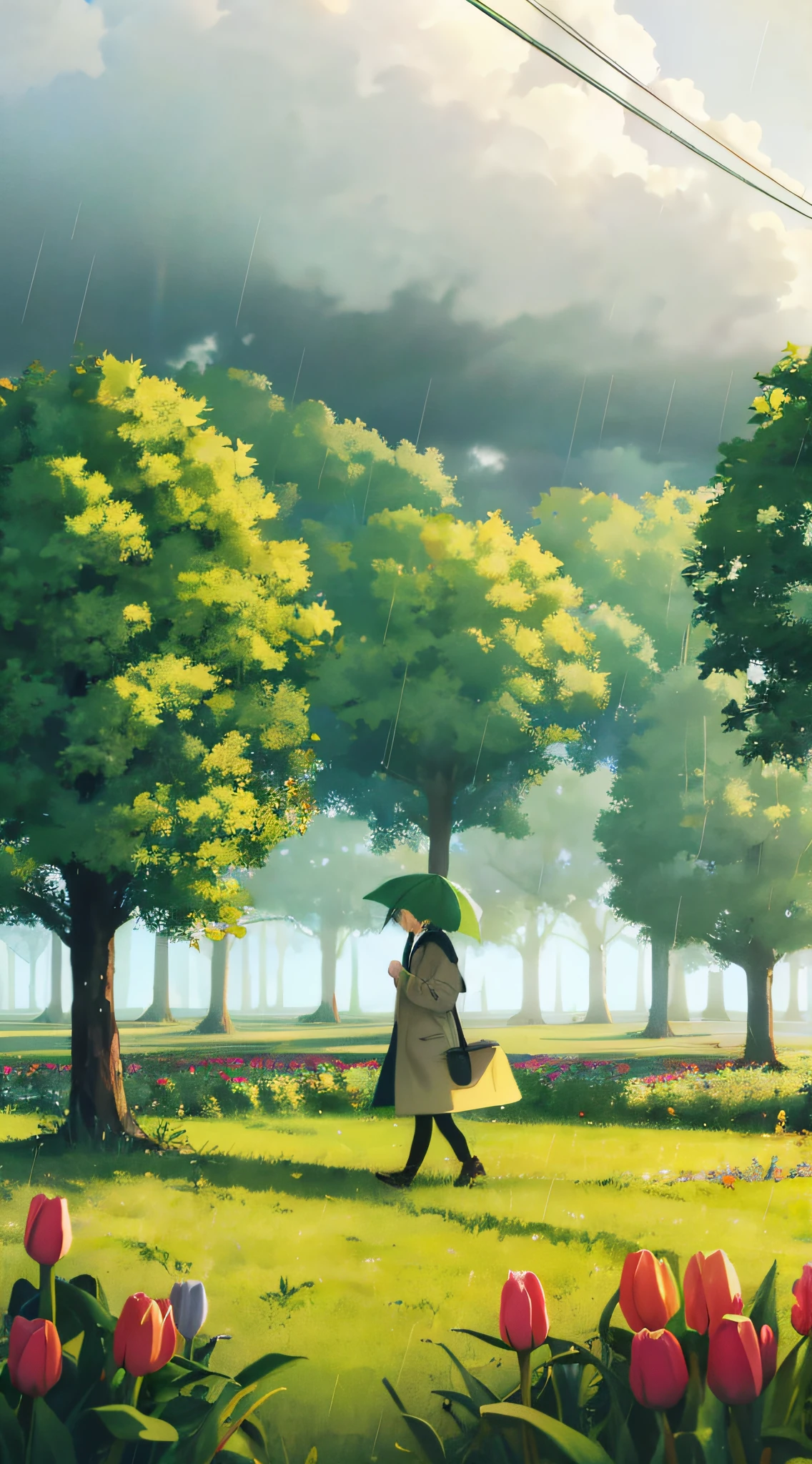 Masterpiece, of the best quality, a girl on a rainy day, walking in extensive green fields, surrounded by fog