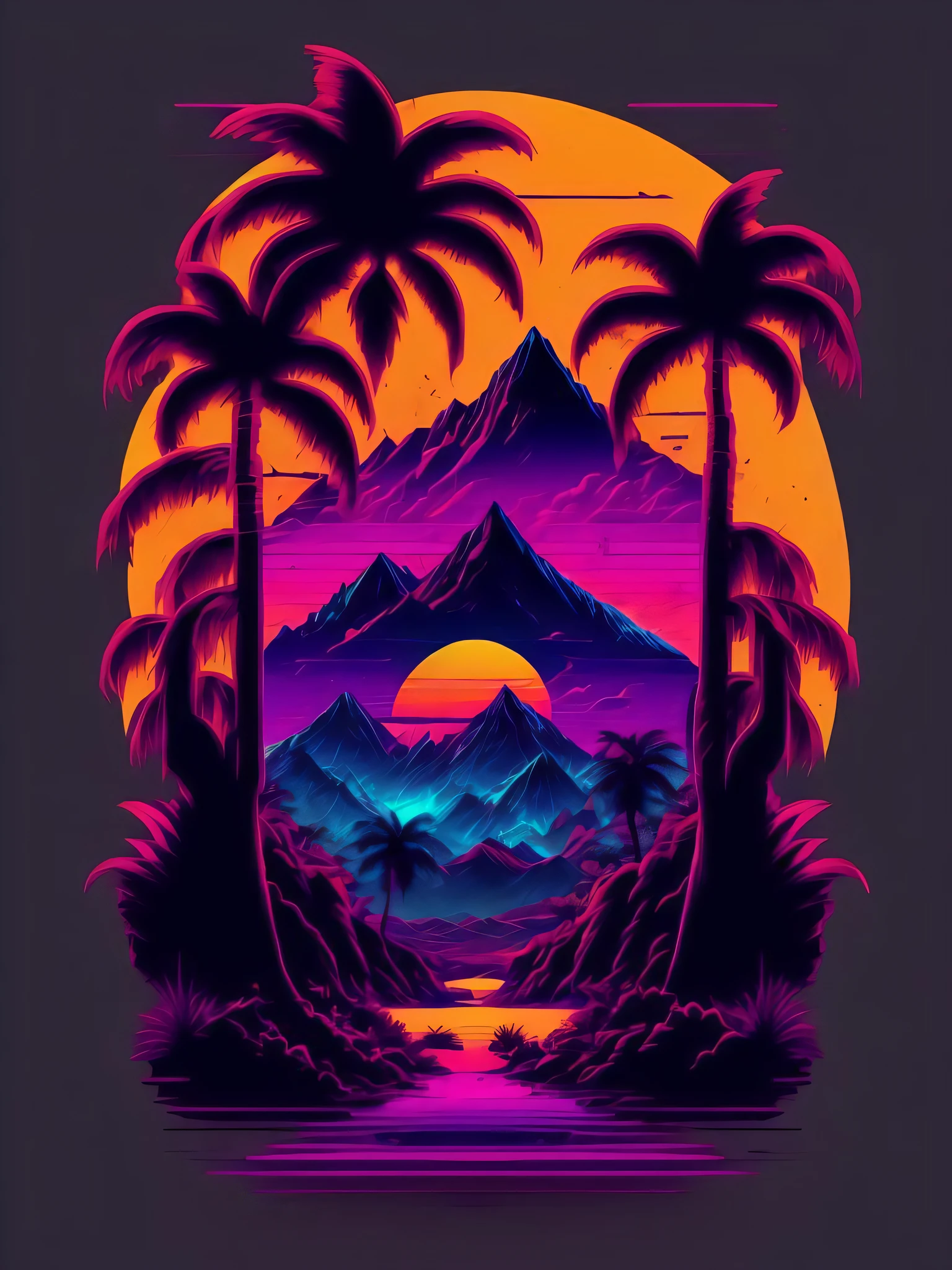 mountains, palm trees and sun, vectorized, synthwave, purple blue red orange, bright neon colors on a dark background,