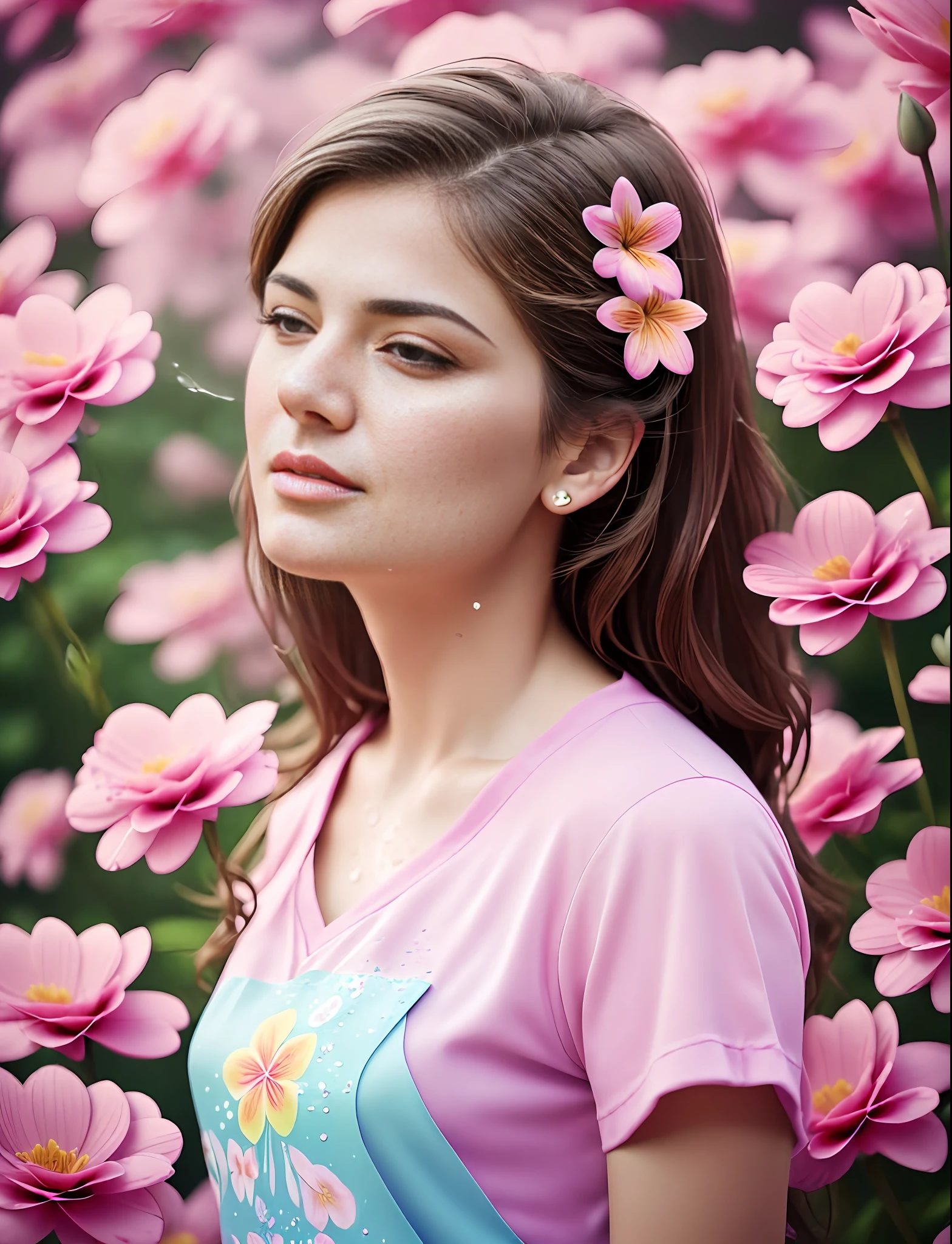 ((((Splashing flowers on the sides and background))) ,Mature European woman, T-shirt design, realistic style, ((pastel tetradic color)), cute and whimsical, fantasy art, bokeh, soft lighting, camera face view, retro aesthetic, focusing on characters, 4K resolution, photorealistic, dynamic lighting, art station, poster, volumetric lighting, highly detailed face, camera face, focus on face, life expression,