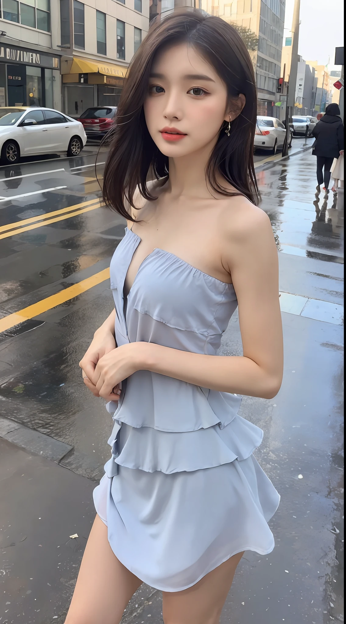 ((Best Quality, 8k, Masterpiece: 1.3)), Focus: 1.2, Perfect Body Beauty: 1.4, Buttocks: 1.2, ((Layered Haircut, Flat Chest: 1.2)), (Rain, Street:1.3), Bandeau Dress: 1.1, Highly Detailed Face and Skin Texture, Fine Eyes, Double Eyelids, Whitened Skin, Long Hair, (Shut Up: 1.3), Full Body