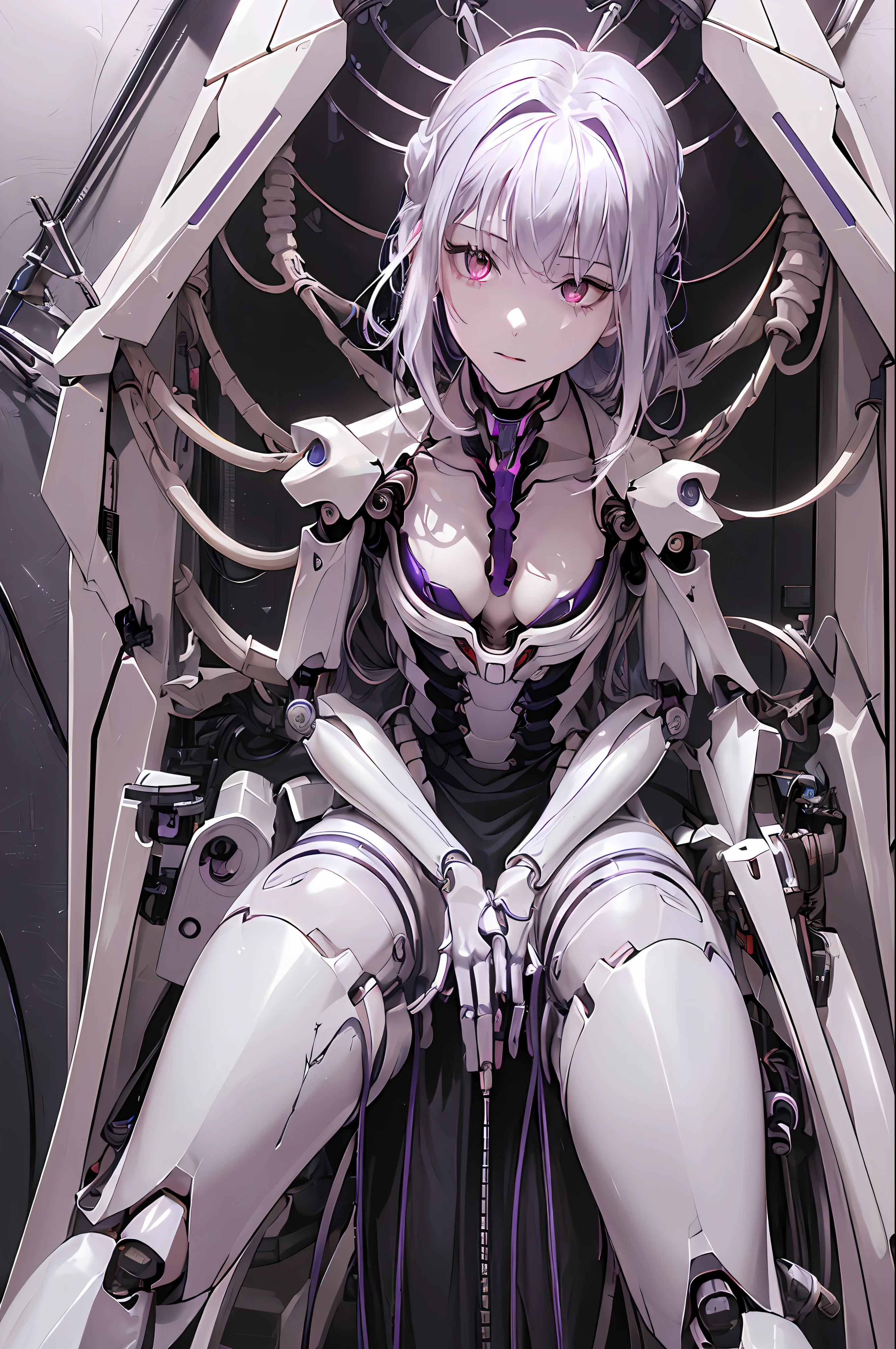 (((Masterpiece)))), (((highest quality)))), ((Ultra Definition)), (Very Detailed Photoreality), (((Very Delicate and Beautiful)), (Delicate and Pretty Face), Cinematic Light, (((1 Machine Girl)), Solo, Full Body, Big, Cleavage Is Visible Skin, White Hair, Purple Eyes, Luminous Eyes, (Mechanical Joint: 1.4), (Mechanical limbs)), (Blood vessels connected to tubes), (( Mechanical vertebrae attached to the back)), ((Mechanical cervical vertebrae) attached to the neck)), (((sitting)), expressionless, (wires and cables attached to the head and body: 1.5), (character focus), small LED lamps on the body, Evangelion, SF, metallic, detailed neon