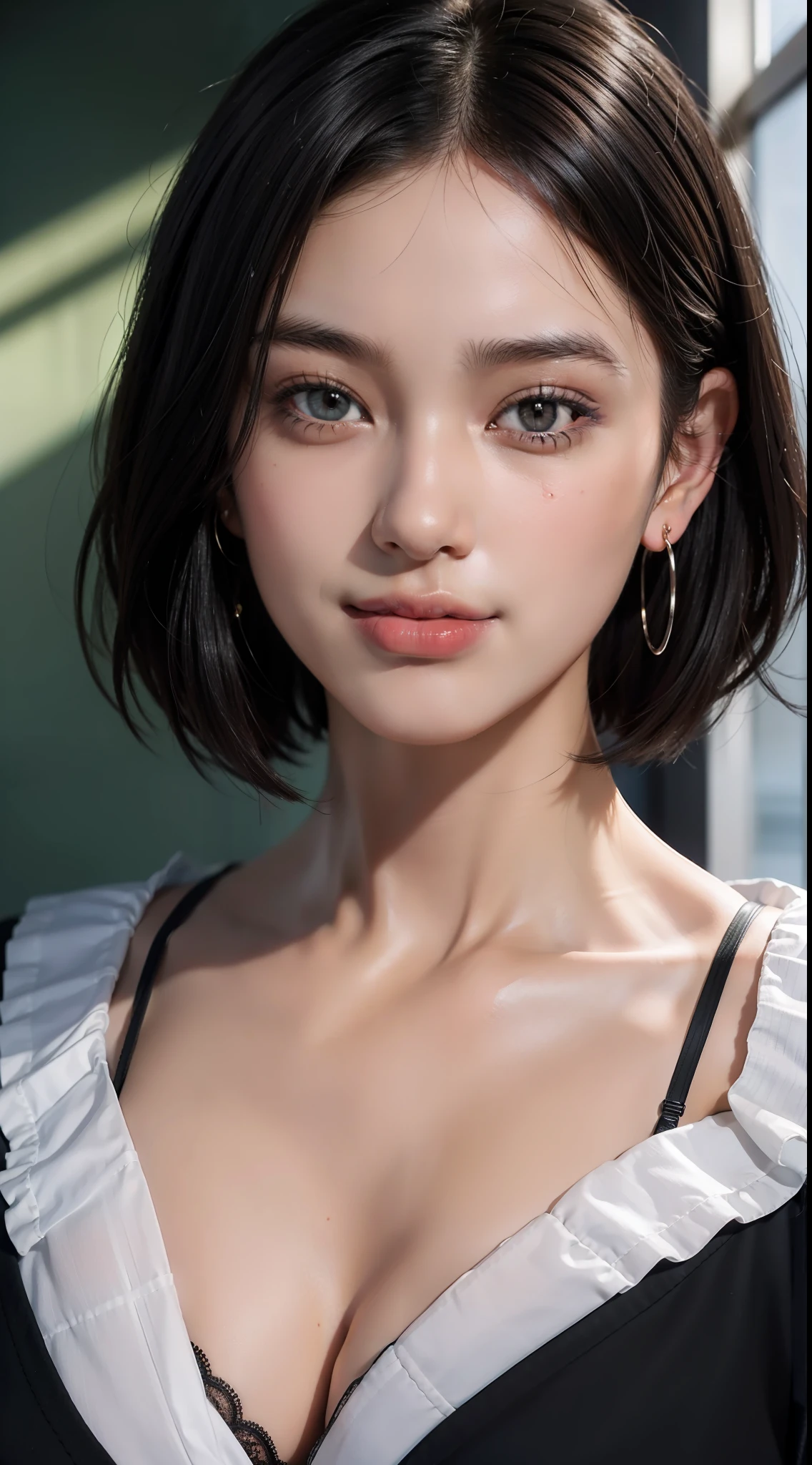 masterpiece, top quality, raw photo, photorealistic, big, face light, shiny skin, high resolution, super detail, detail, detailed eyes and face, sharp pupils, smile, sharp focus, shiny skin, schoolgirl, black hair, short hair, earrings, classroom, school uniform, bra