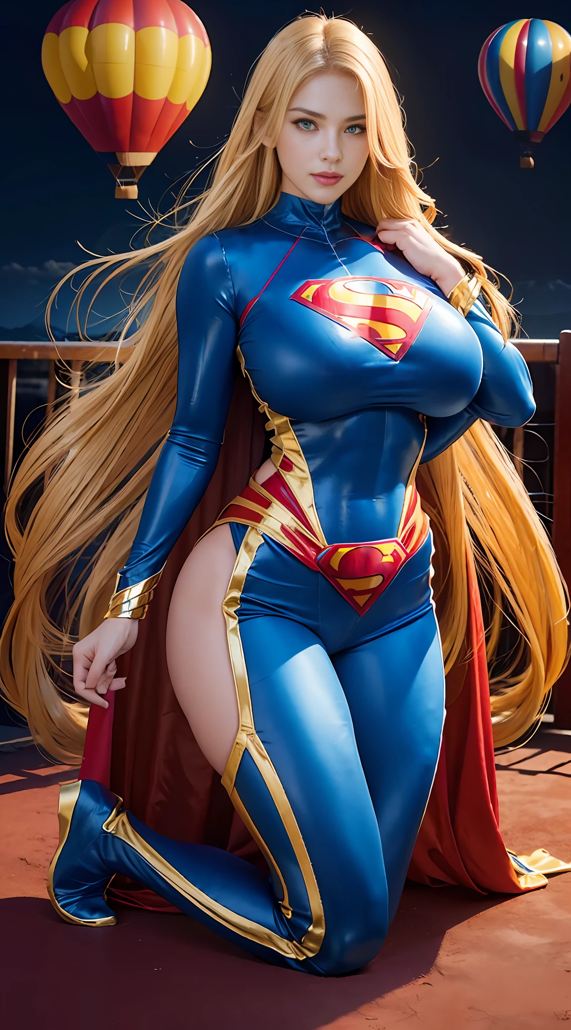 Muscular girl, long blonde hair, devil figure, (huge and amazingly large breasts), (the action of stuffing two huge hot air balloons into clothes), (huge hot air balloon sized breasts), (breasts as big as a hot air balloon), (waist exposed), (abs), (full body Superman suit), (covering breasts), smiling, (highlighting breasts are particularly large), frontal photos, (kneeling on all fours), (especially inflated breasts)