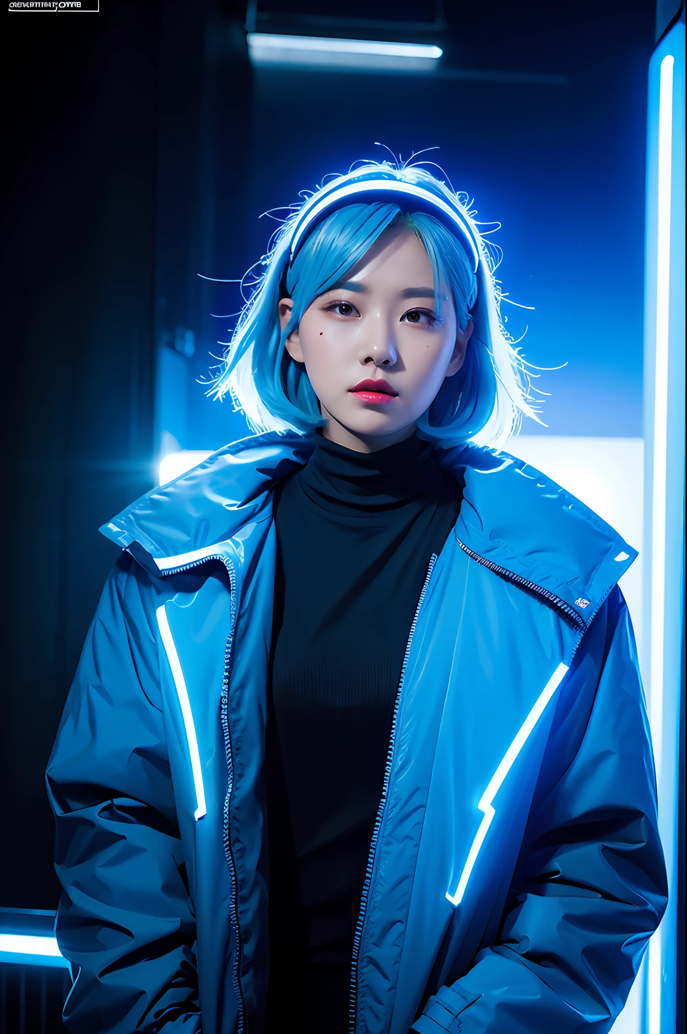 1girl, lady with cybernetic parts, glowing visor, short light blue hair, techwear, oversized black jacket, skyscraper outdoors, neon rim light, night, rain, volumetric lighting, best quality, masterpiece, realistic
