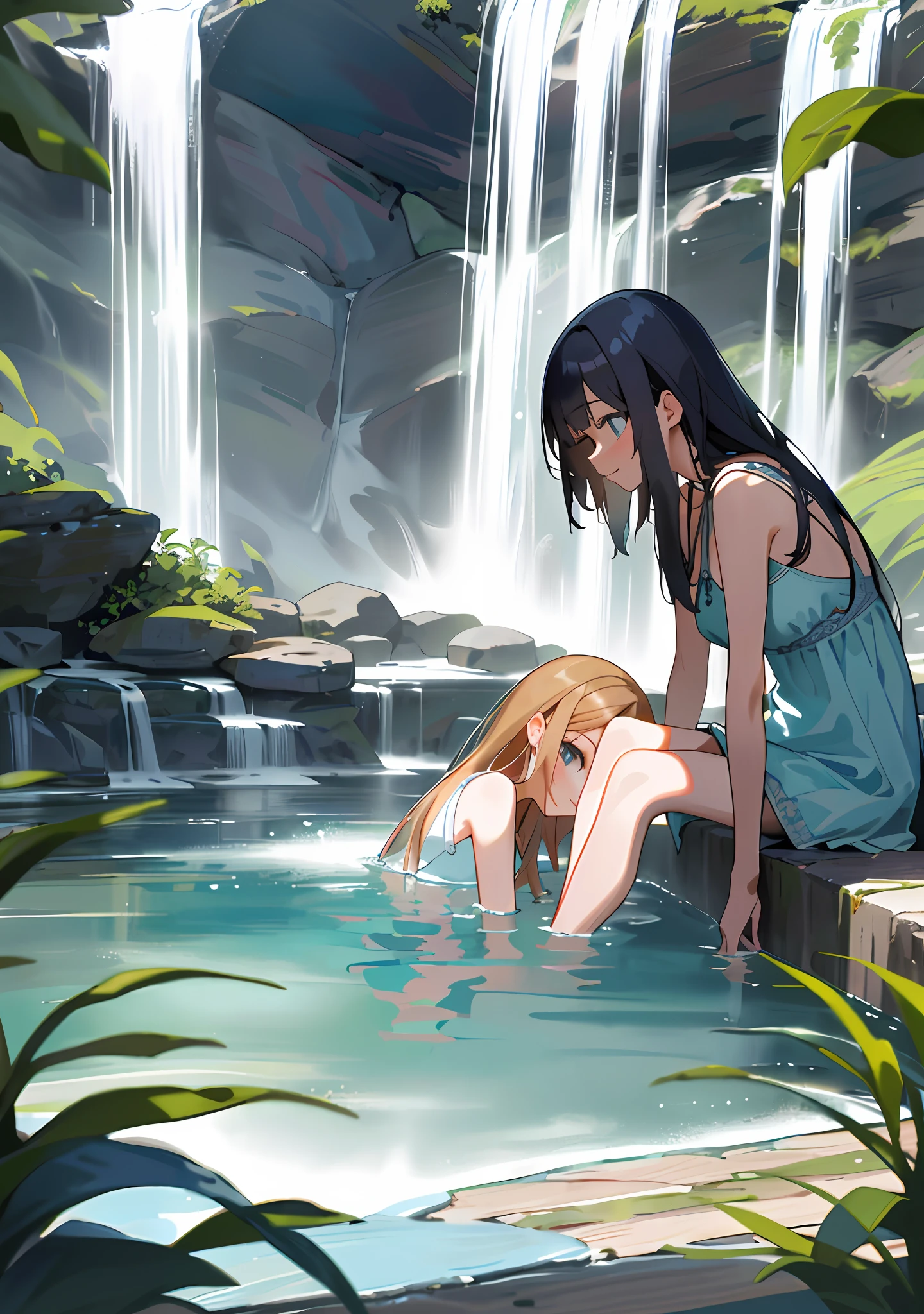 "Gorgeous, high quality, highly detailed masterpiece with two charming girls sitting near the waterfall bathing. Create an inviting atmosphere. Small breasts, (leaning forward: 1.3), (beautiful slippery: 1.2), stroked, looking at the audience
