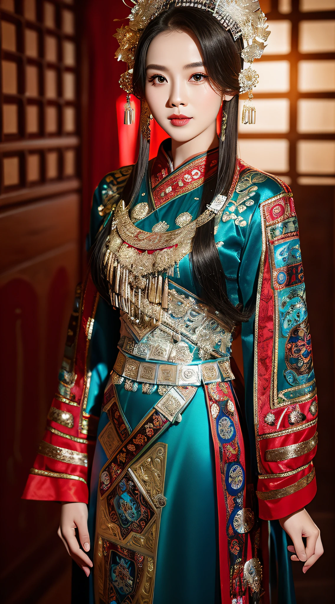 (8k, RAW Photo, Best Quality, Masterpiece: 1.2), (Realistic, Realistic: 1.37), 1 Girl, Aalfi Woman Posing for Photo in Red Dress and Headdress, Gorgeous Role Play, Beautiful Costume, Complex Fantasy Dress, Beautiful Fantasy Queen, Chinese Dress, Complex Dress, Complex Costume, Traditional Beauty, Gorgeous Chinese Model, Chinese Costume, Inspired by Lan Ying, Wearing Gorgeous Costume, Inspired by Puhua, wearing elegant Chinese Xiuhe dress, Chinese wedding dress, Phoenix crown Xia hand, antique bride