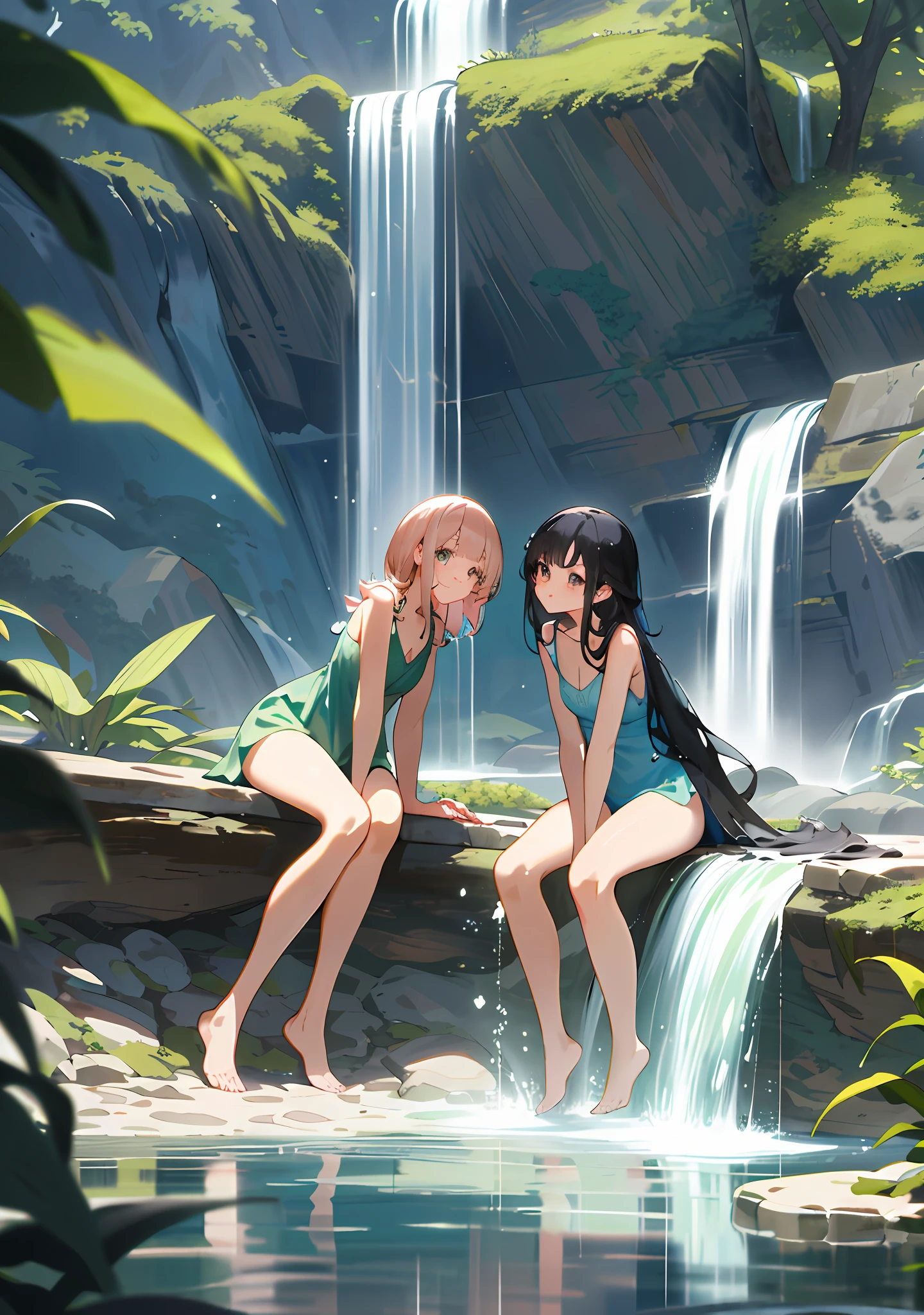 "Gorgeous, high quality, highly detailed masterpiece with two charming girls sitting near the waterfall bathing. Create an inviting atmosphere. Small breasts, (leaning forward: 1.3), (beautiful slippery: 1.2), stroked, looking at the audience