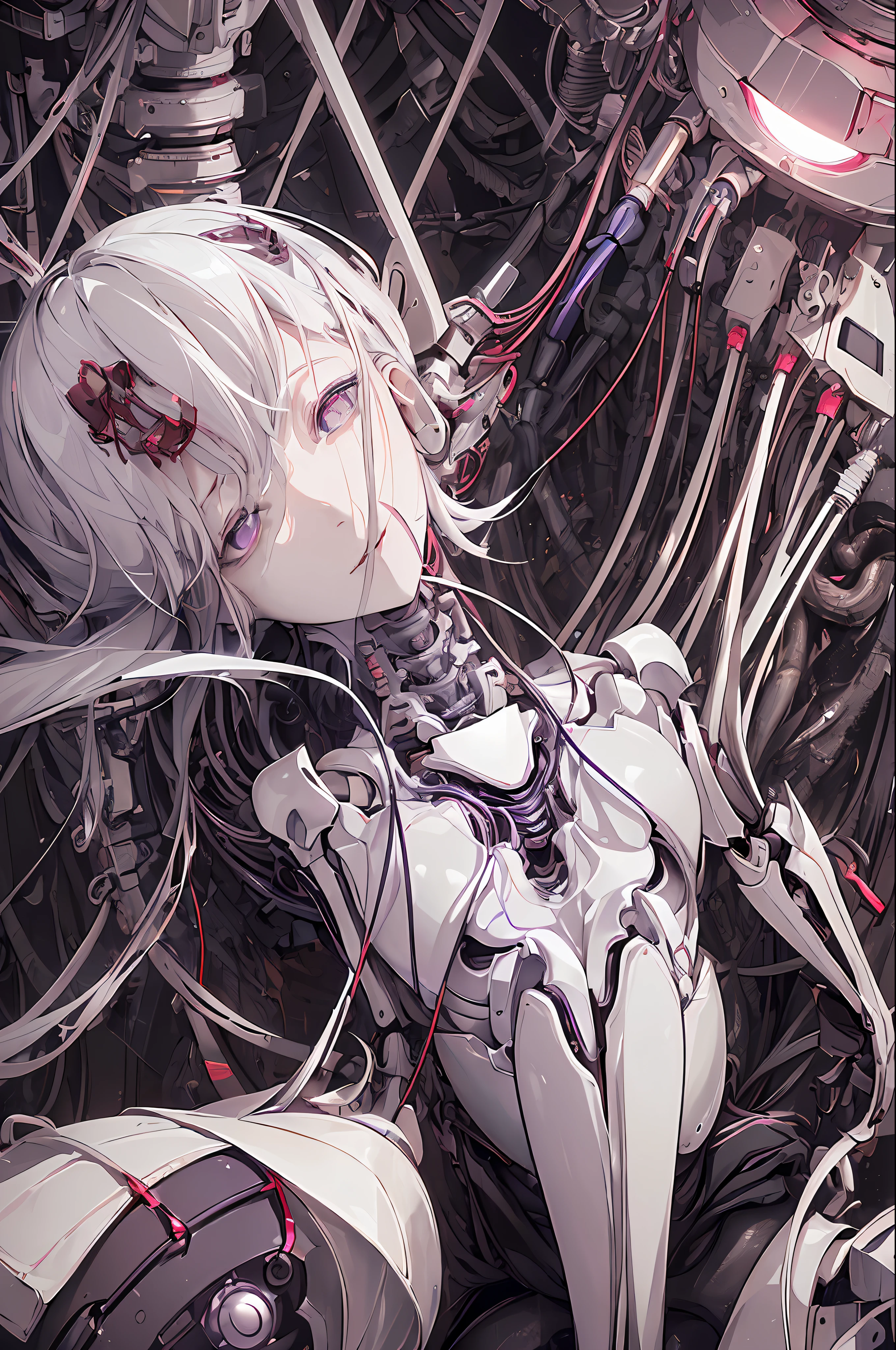 (((Masterpiece)))), (((highest quality)))), ((Ultra Definition)), (Very Detailed Photoreality), (((Very Delicate and Beautiful)), (Delicate and Pretty Face), Cinematic Light, (((1 Machine Girl)), Solo, Full Body, Big, Cleavage Is Visible Skin, White Hair, Purple Eyes, Luminous Eyes, (Mechanical Joint: 1.4), (Mechanical limbs)), (Blood vessels connected to tubes), (( Mechanical vertebrae attached to the back)), ((Mechanical cervical vertebrae) attached to the neck)), (((sitting)), expressionless, (wires and cables attached to the head and body: 1.5), (character focus), small LED lamps on the body, Evangelion, SF, metallic, detailed neon